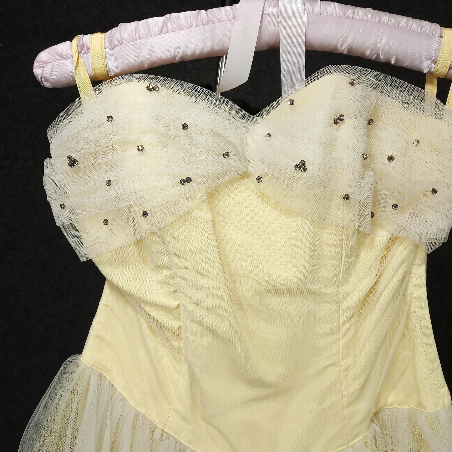1950s Yellow Chiffon w/lace Sequin Bodice Tule Covered Skirt Cupcake Dress