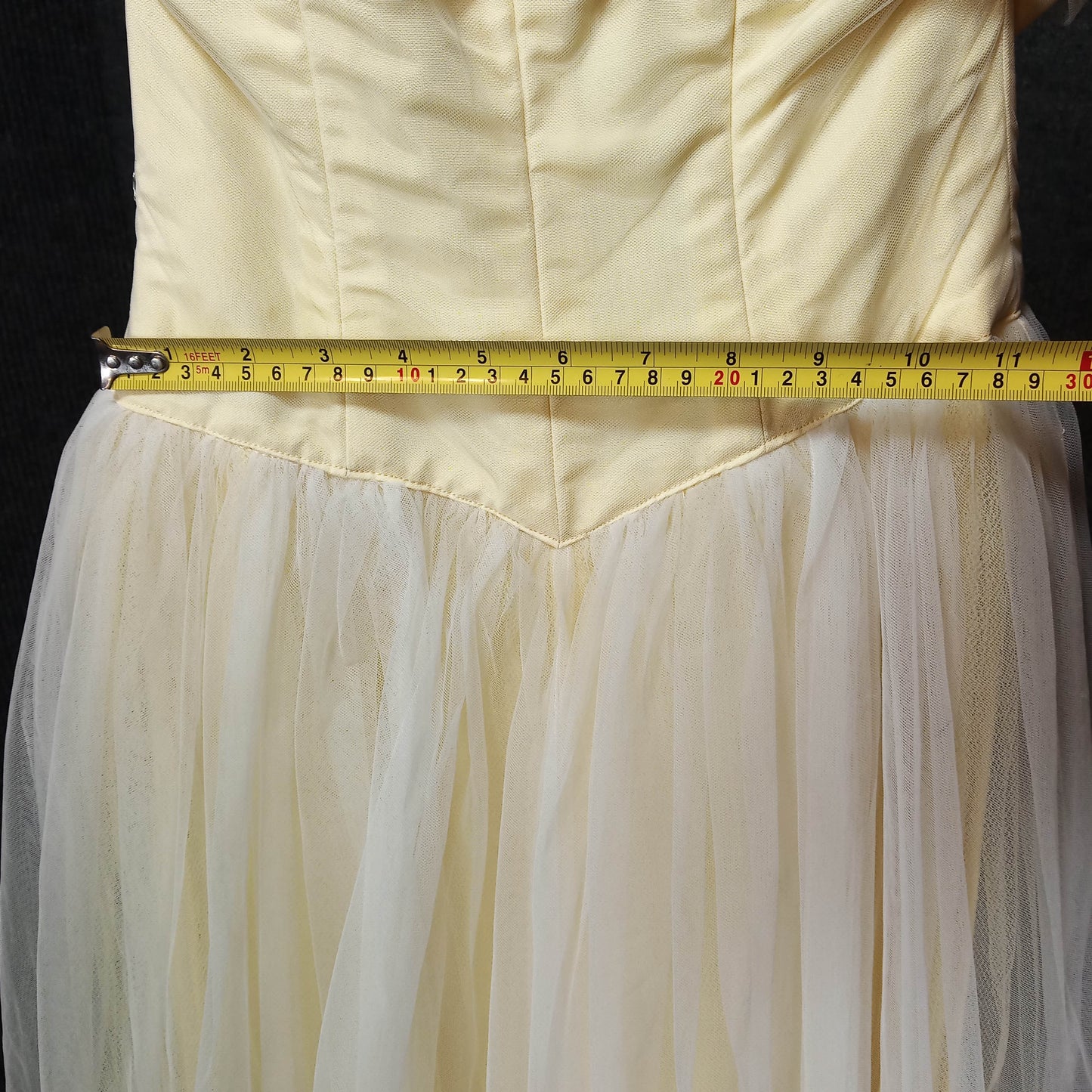 1950s Yellow Chiffon w/lace Sequin Bodice Tule Covered Skirt Cupcake Dress