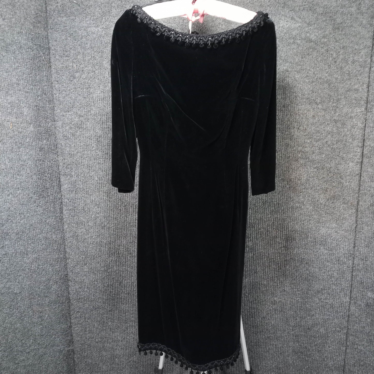 1950's Black Velvet Wiggle Dress with Dangle Ball Trim by Sandra Sage