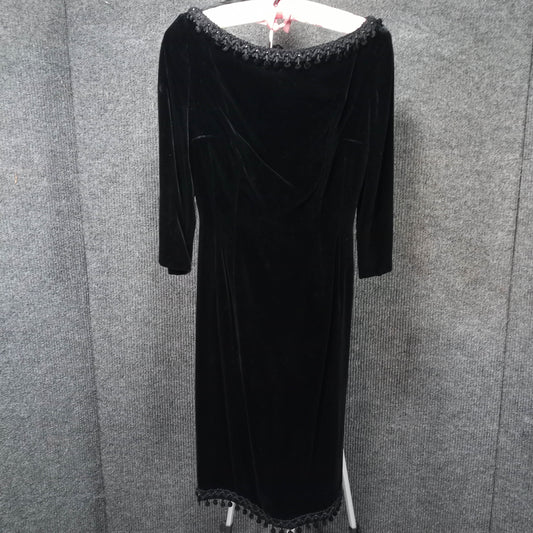 1950s Vintage Black Velvet Wiggle Dress with Dangle Ball Trim by Sandra Sage