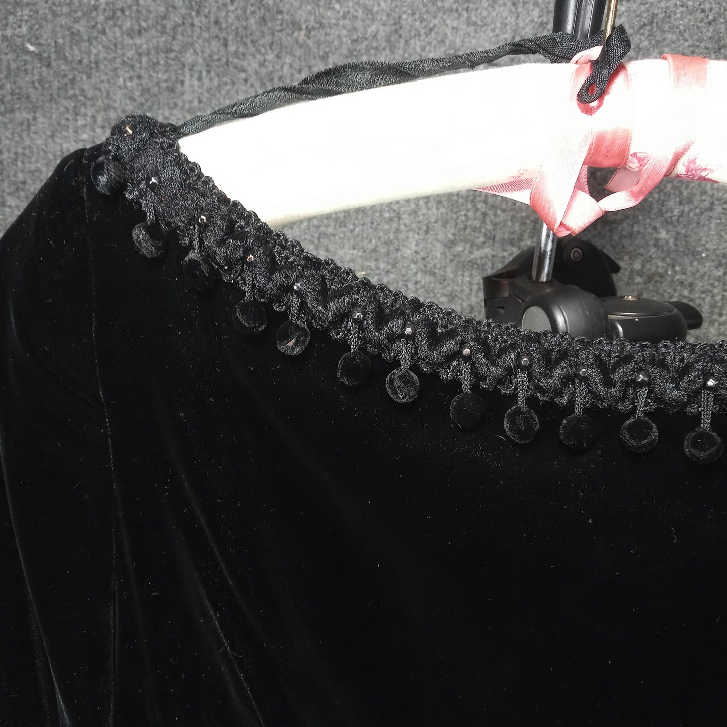 1950's Black Velvet Wiggle Dress with Dangle Ball Trim by Sandra Sage