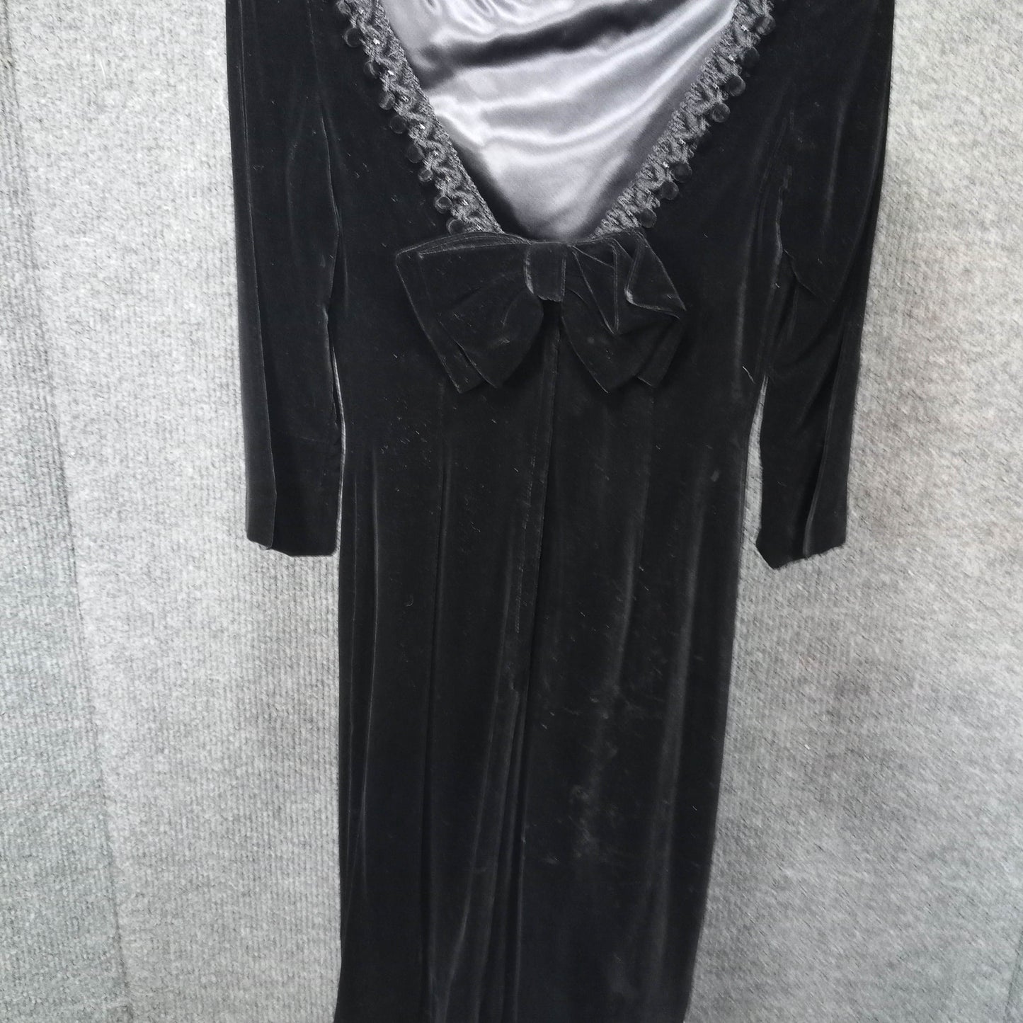 1950's Black Velvet Wiggle Dress with Dangle Ball Trim by Sandra Sage