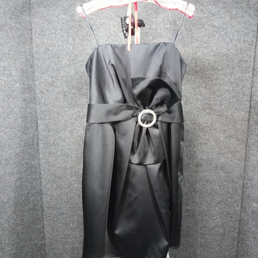 1950s Vintage Black Satin Wiggle Dress with a Big Bow and Rhinestones