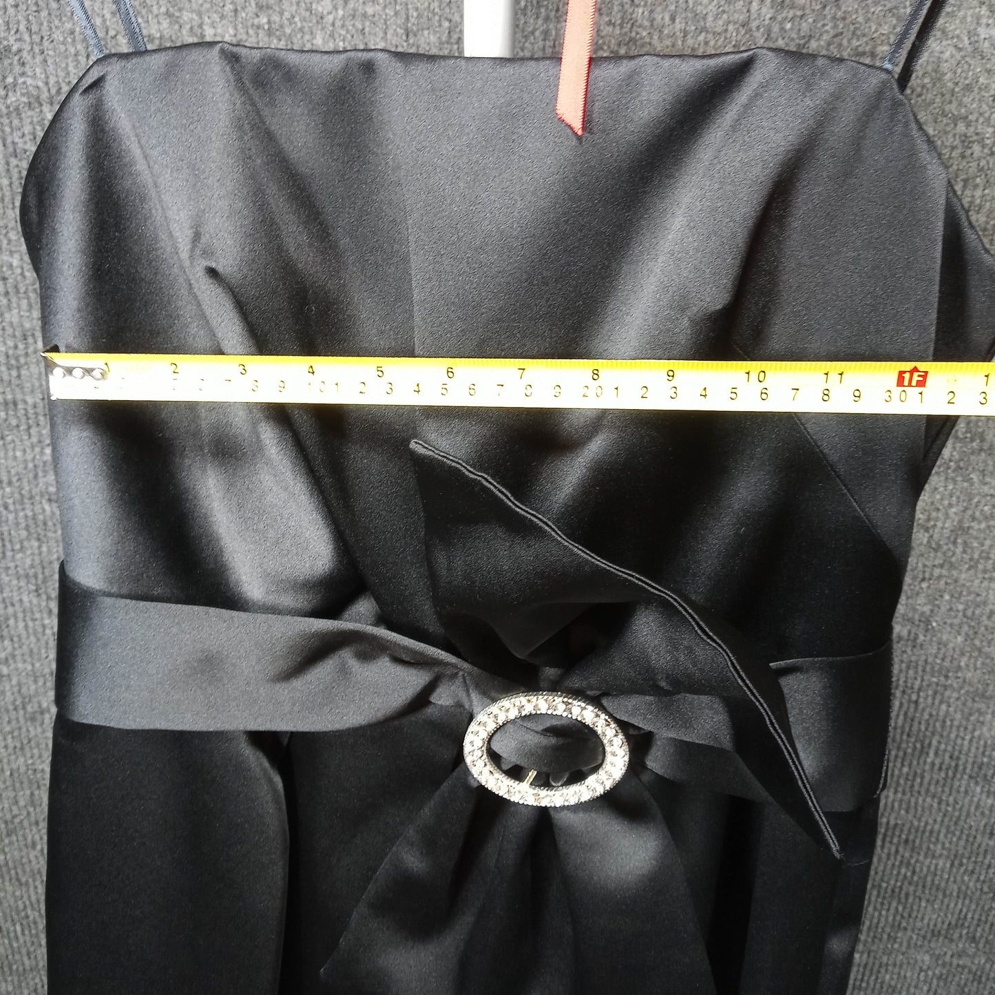 1950s Vintage Black Satin Wiggle Dress with a Big Bow and Rhinestones