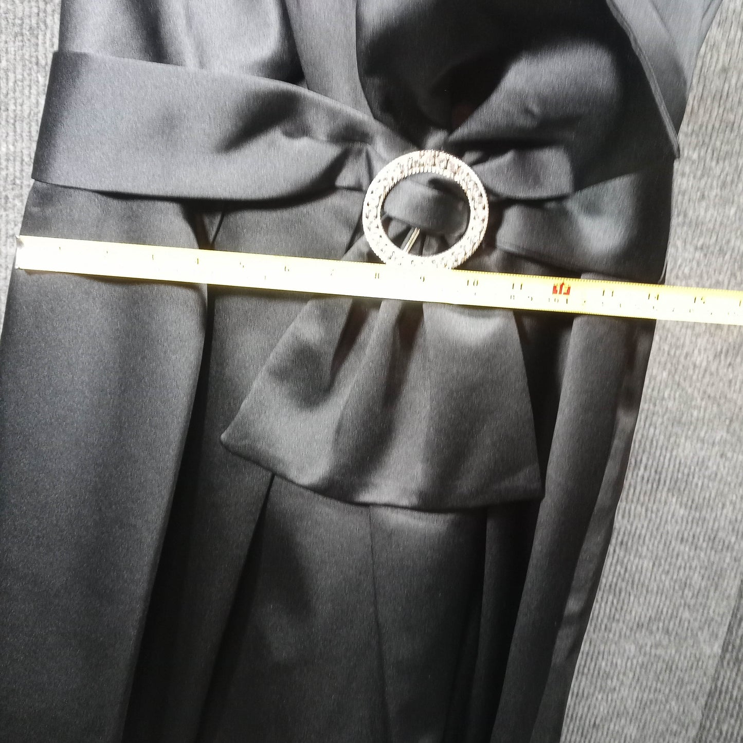 1950s Vintage Black Satin Wiggle Dress with a Big Bow and Rhinestones