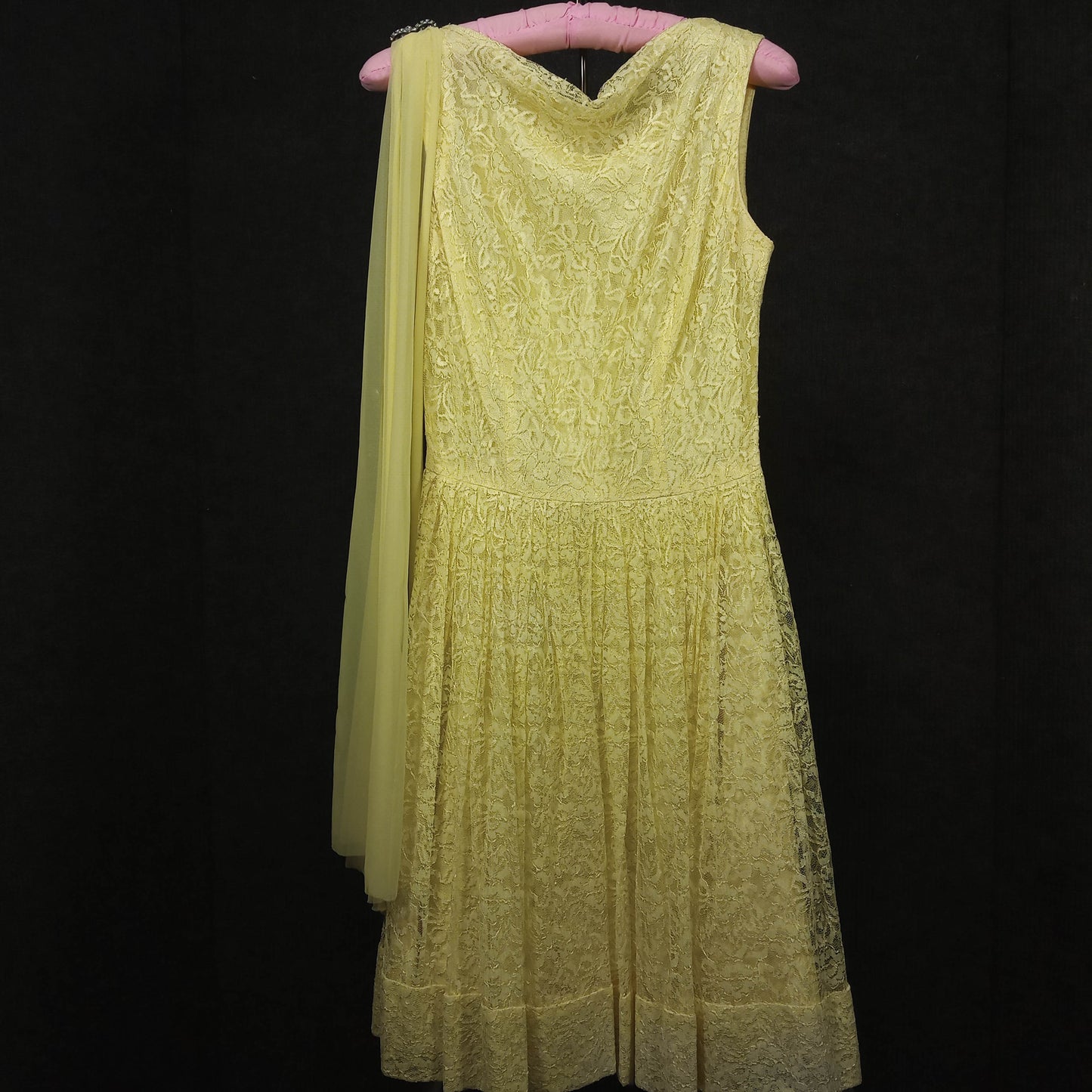 1950's Lemon Meringue Taffeta with Lace Overlay and Chiffon Detail