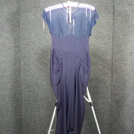 1940s Vintage Navy Blue Rayon Crepe Lace Illusion Dress with Peplum