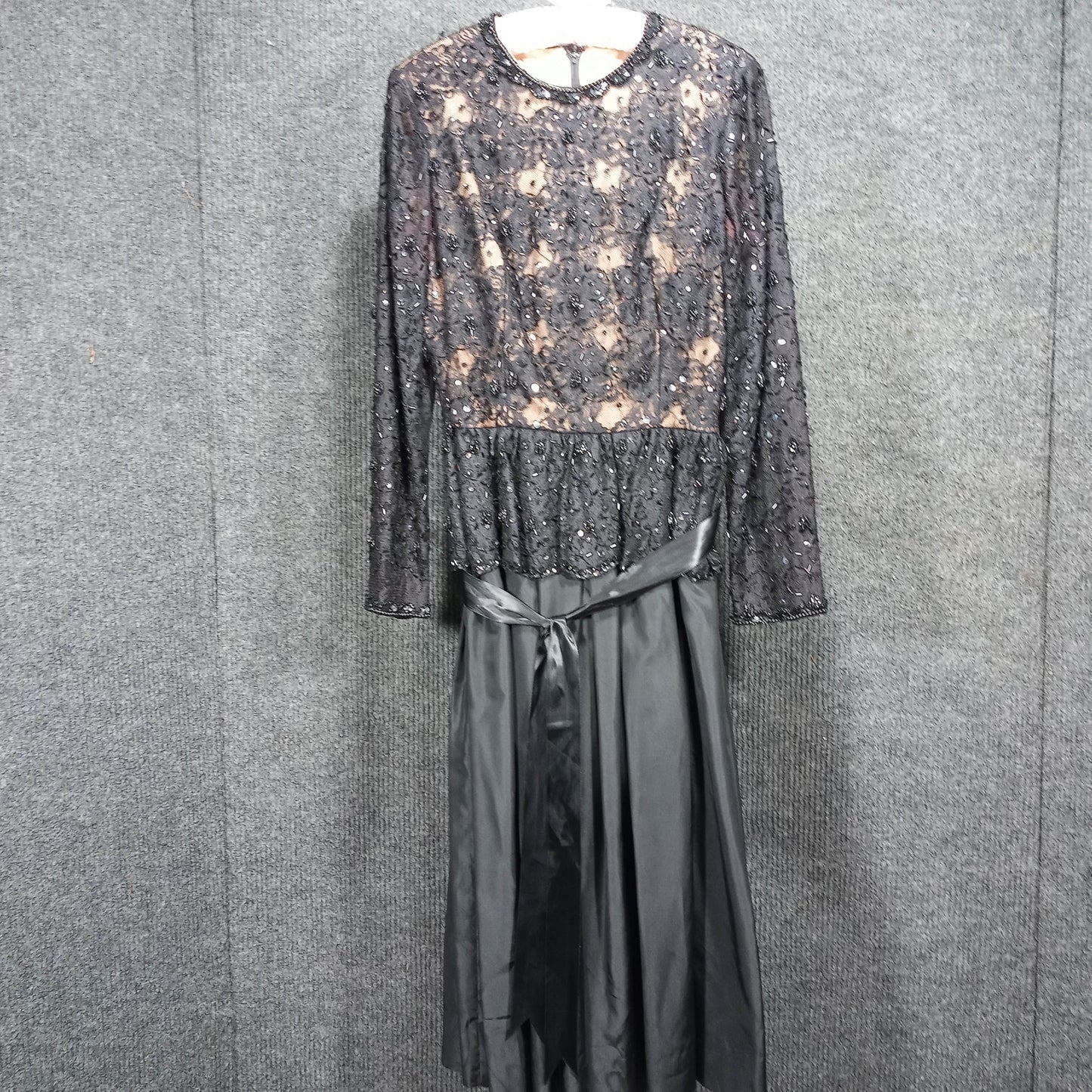 1950's Black Lace Taffeta Beaded Wiggle Dress with Peplum