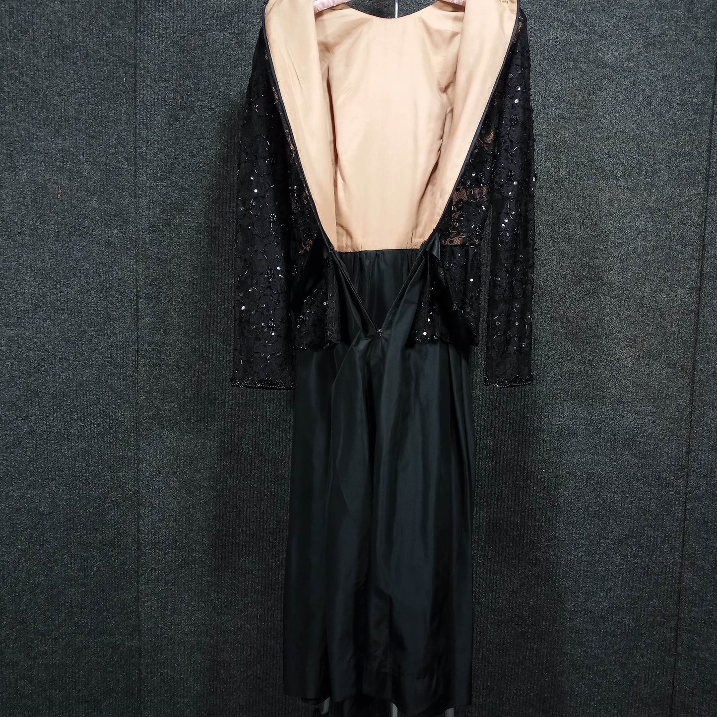 1950's Black Lace Taffeta Beaded Wiggle Dress with Peplum