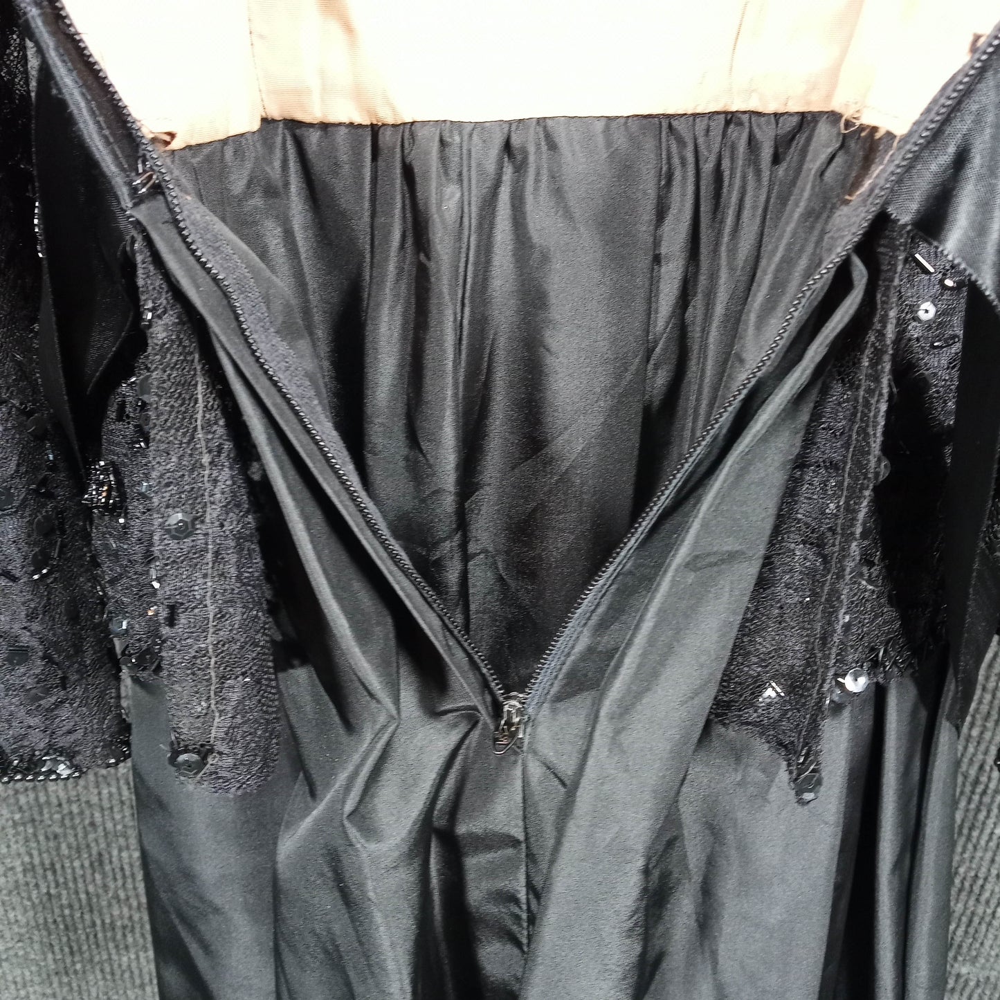 1950's Black Lace Taffeta Beaded Wiggle Dress with Peplum