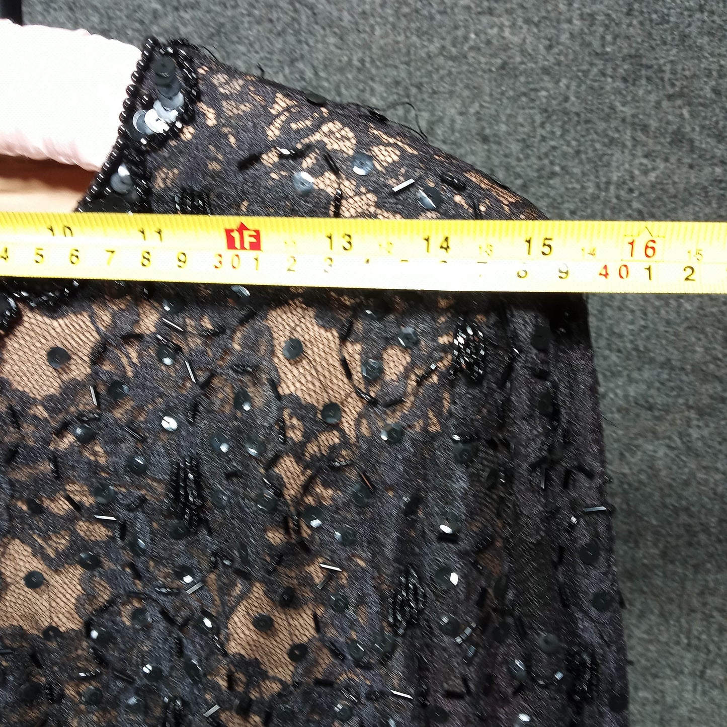 1950's Black Lace Taffeta Beaded Wiggle Dress with Peplum
