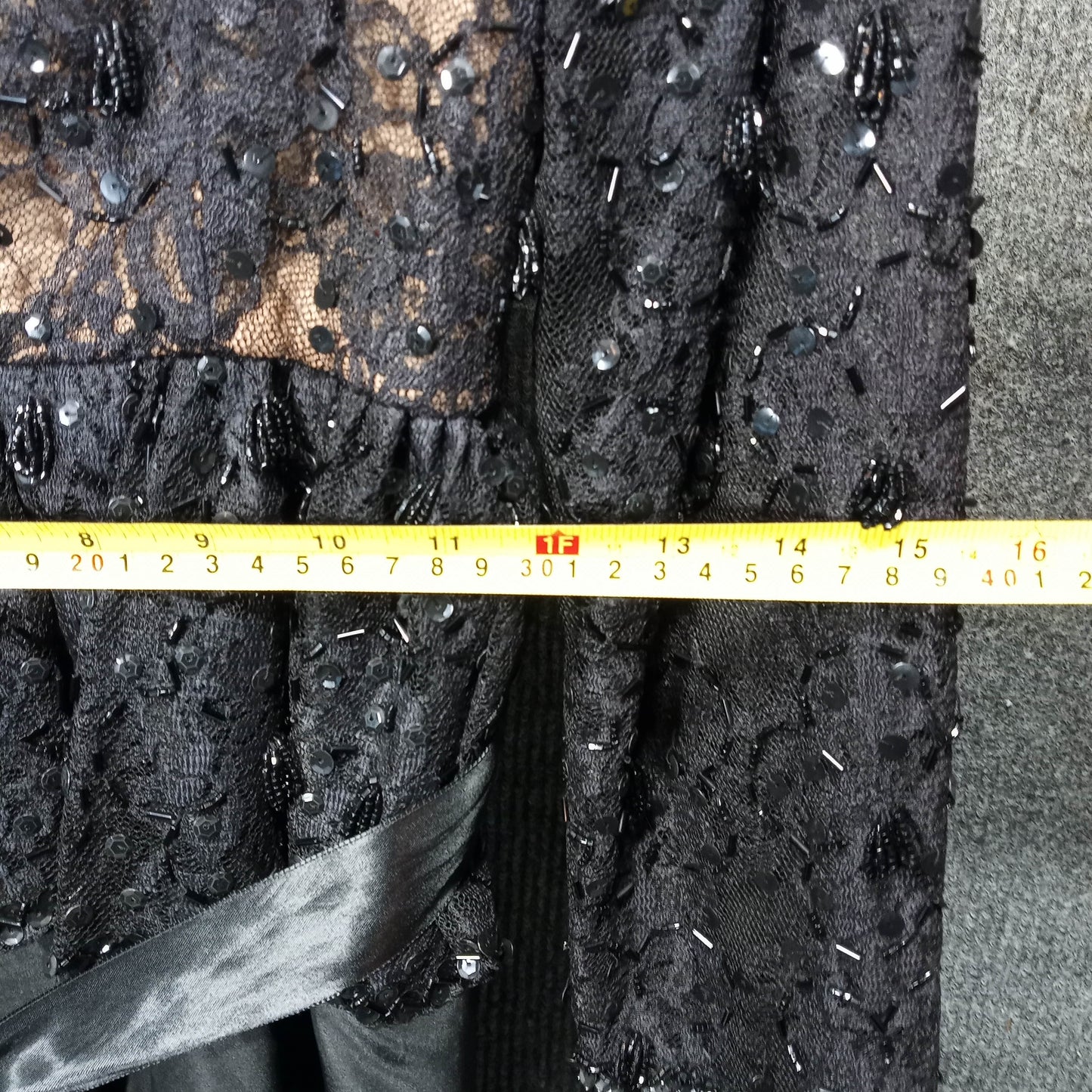 1950's Black Lace Taffeta Beaded Wiggle Dress with Peplum