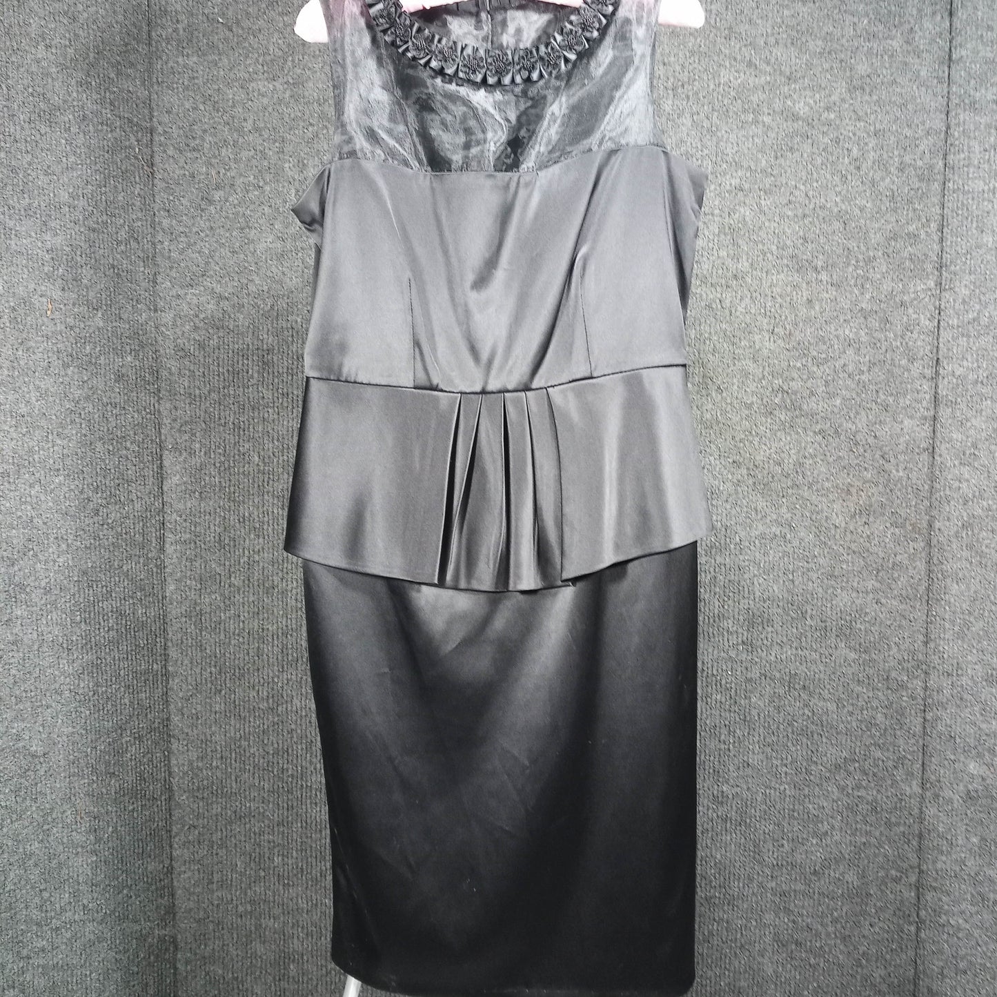 1950's Black Silk/Satin Peplum Wiggle Dress with an Organa Flower Bodice