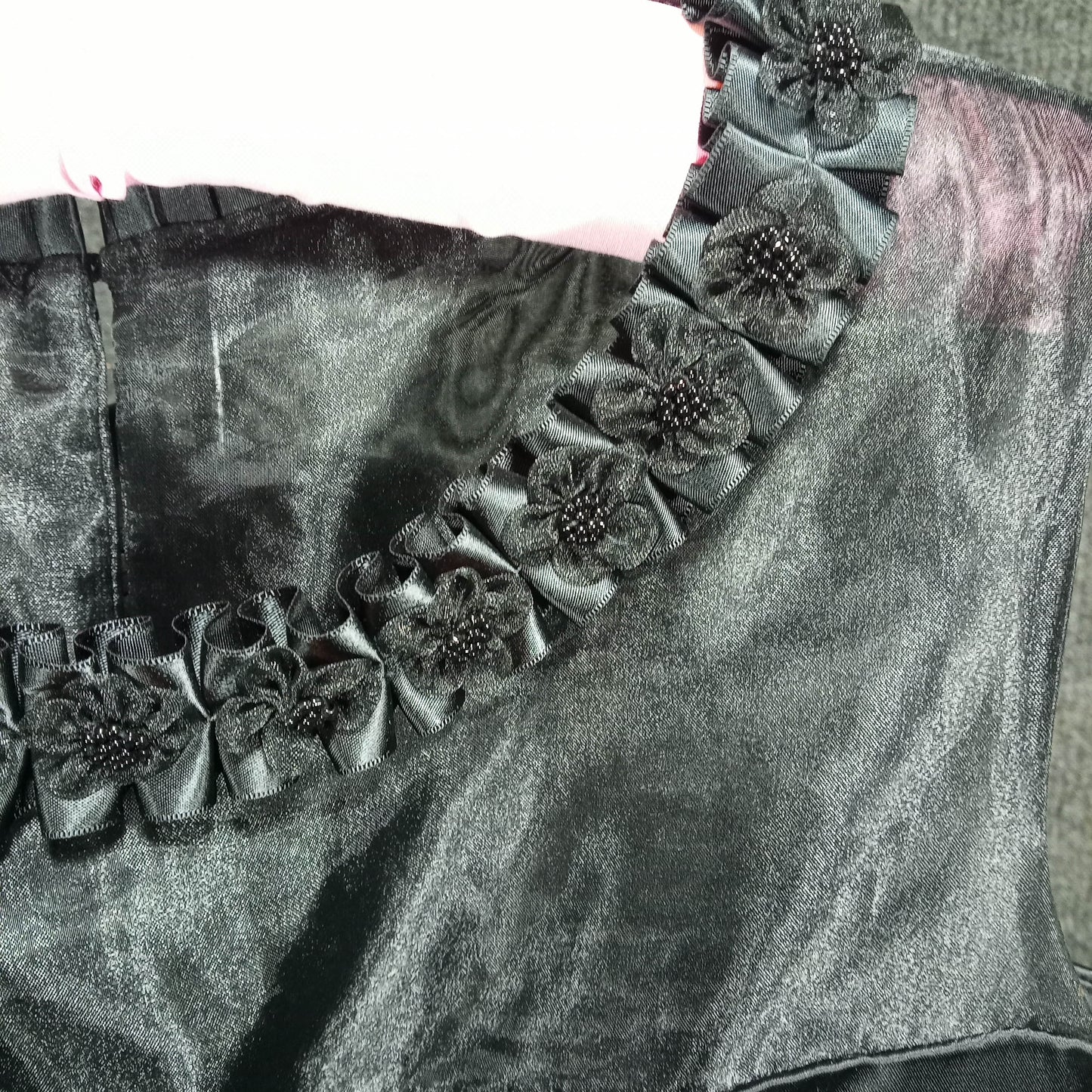 1950's Black Silk/Satin Peplum Wiggle Dress with an Organa Flower Bodice
