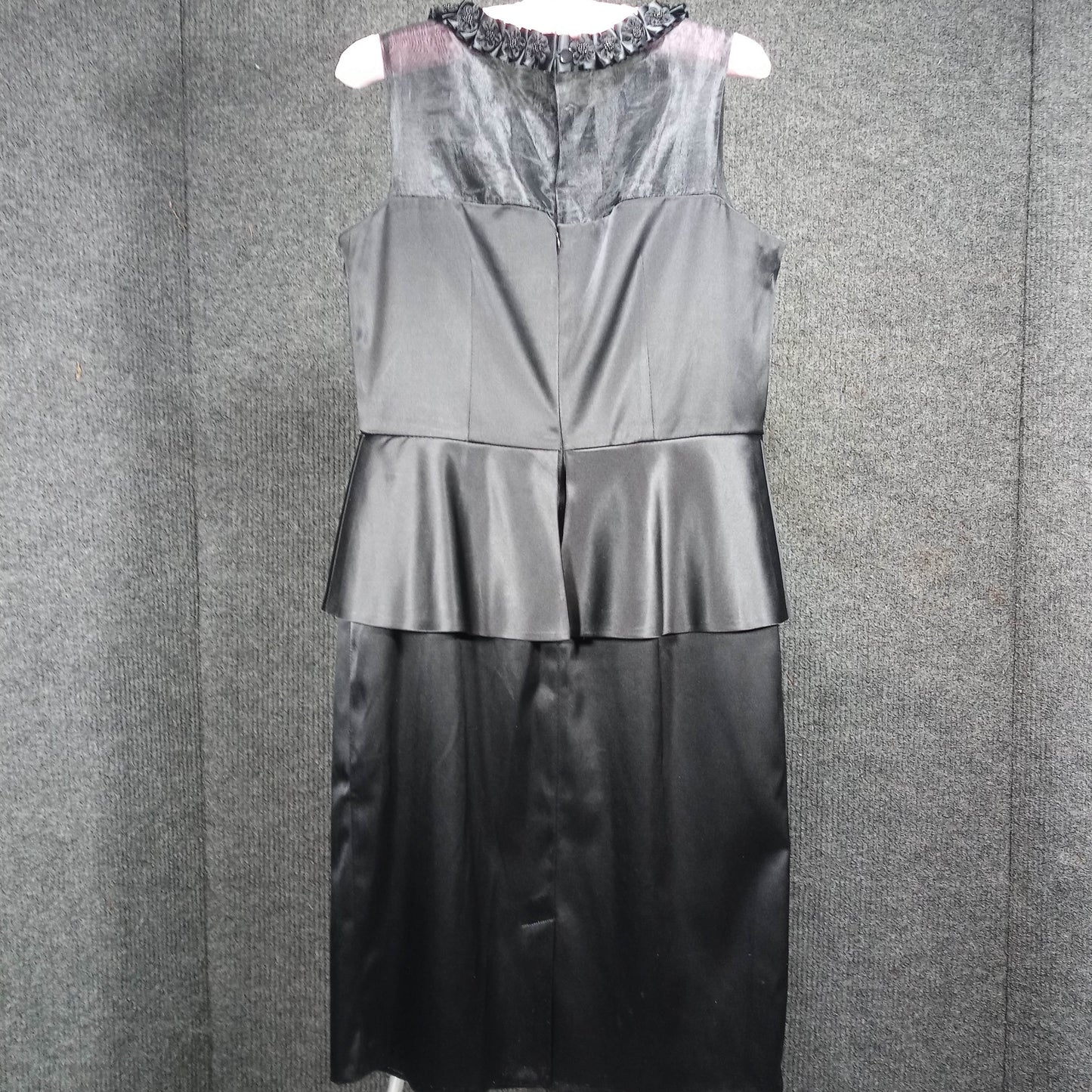 1950's Black Silk/Satin Peplum Wiggle Dress with an Organa Flower Bodice