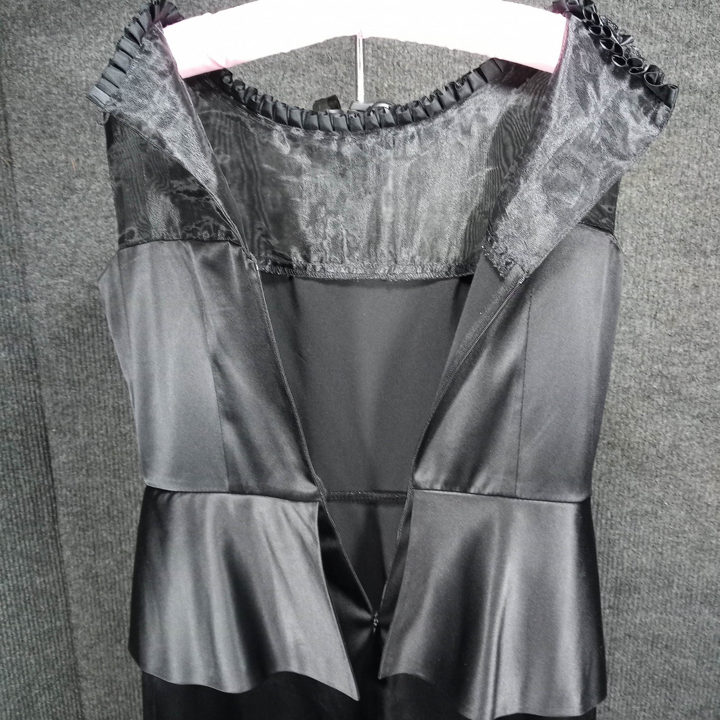 1950's Black Silk/Satin Peplum Wiggle Dress with an Organa Flower Bodice