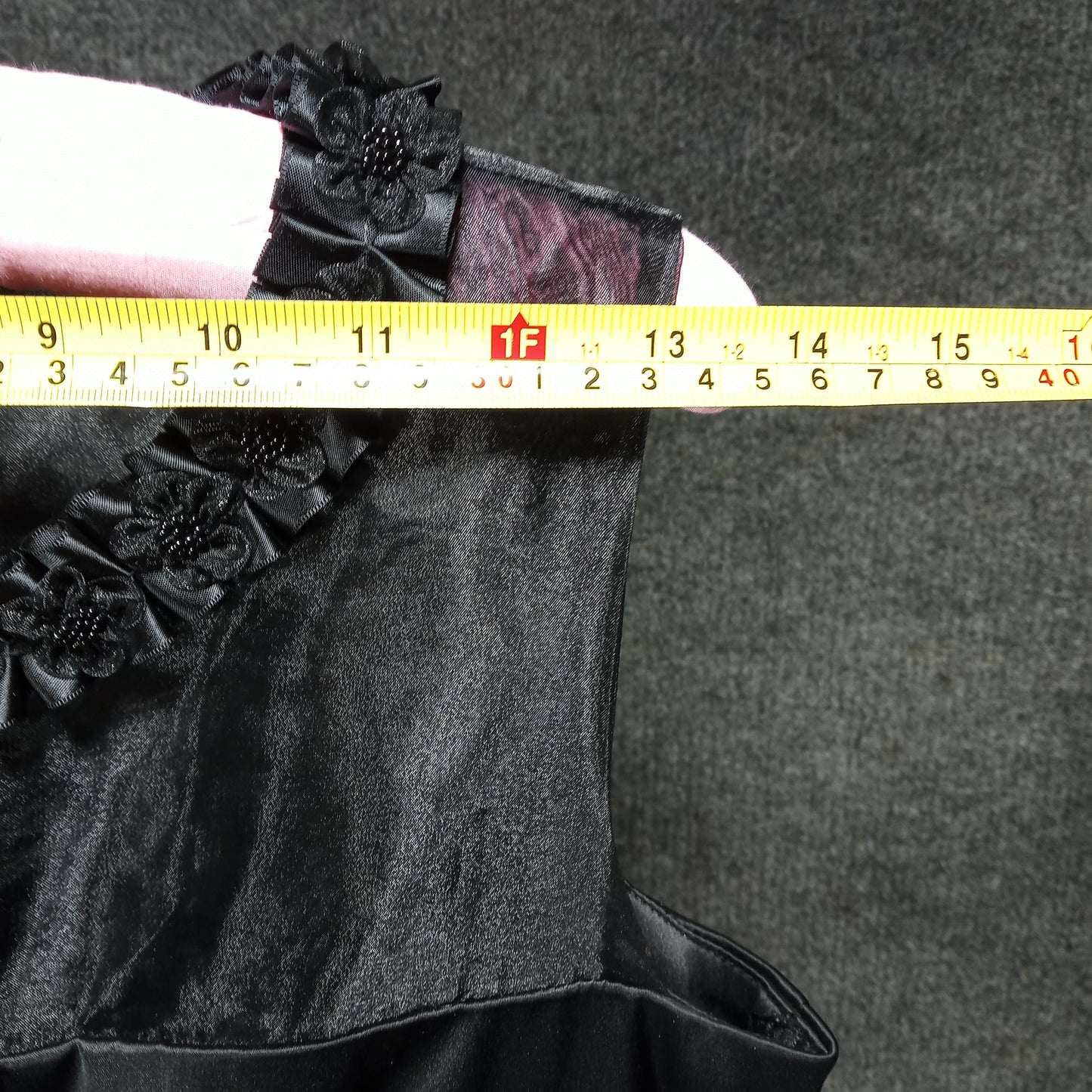 1950's Black Silk/Satin Peplum Wiggle Dress with an Organa Flower Bodice