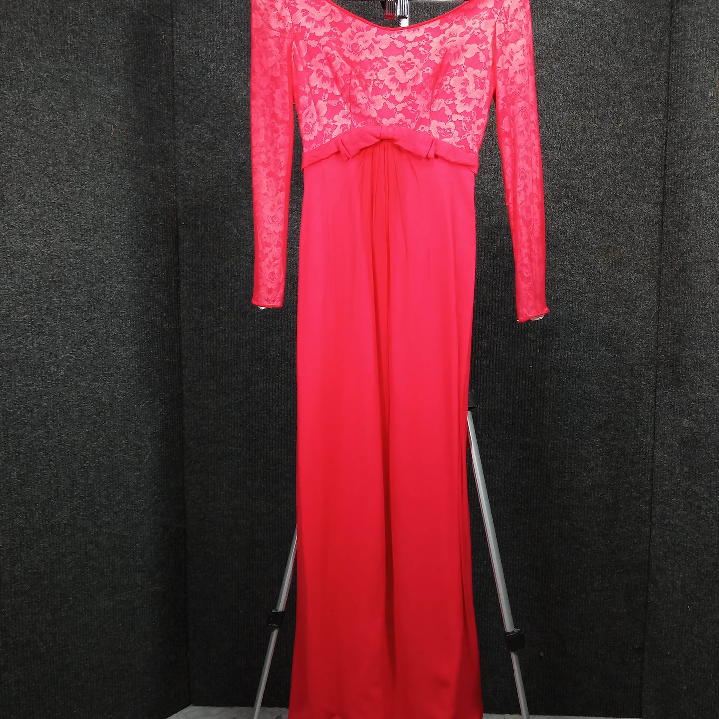 1950's Red Chiffon Column Dress Lace Underlay at Bust by Meri Gai Weddings