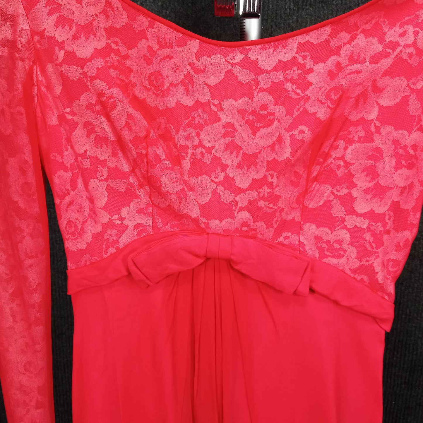 1950's Red Chiffon Column Dress Lace Underlay at Bust by Meri Gai Weddings