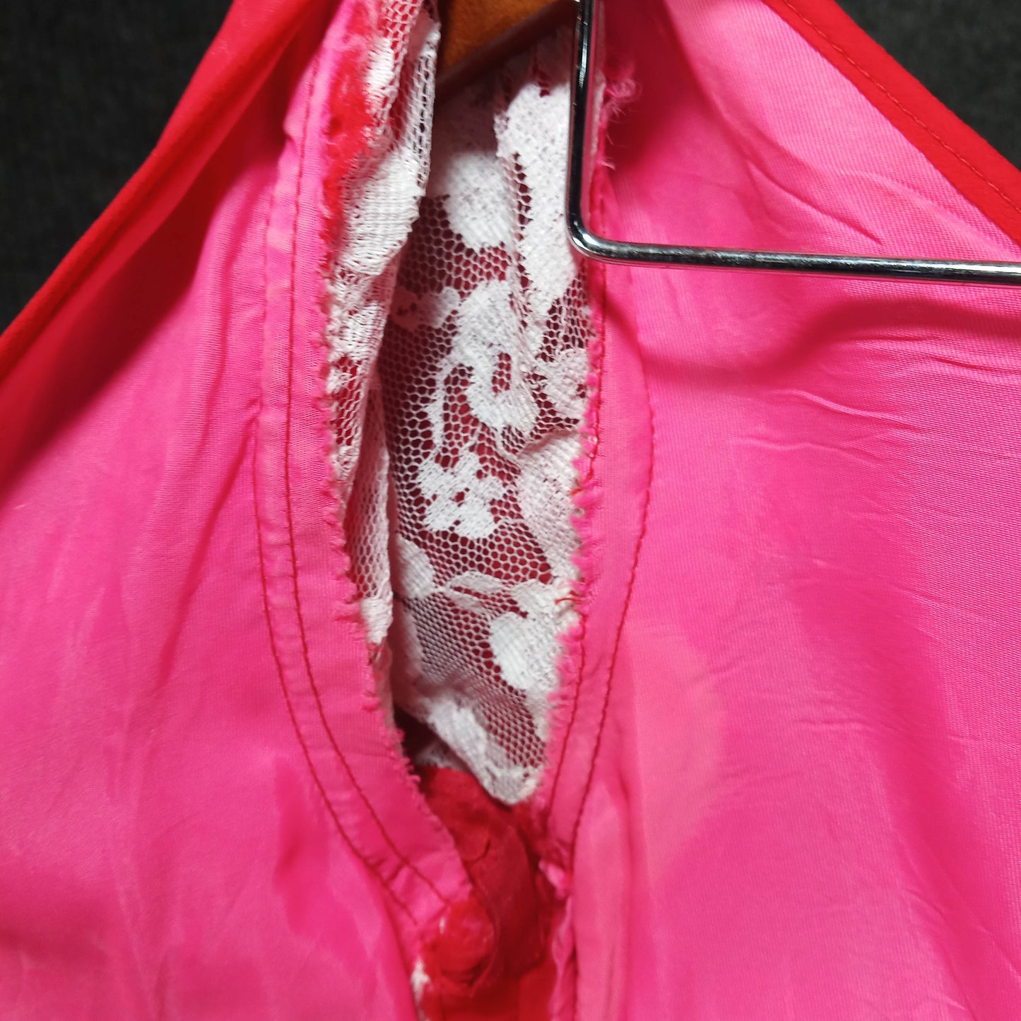 1950's Red Chiffon Column Dress Lace Underlay at Bust by Meri Gai Weddings