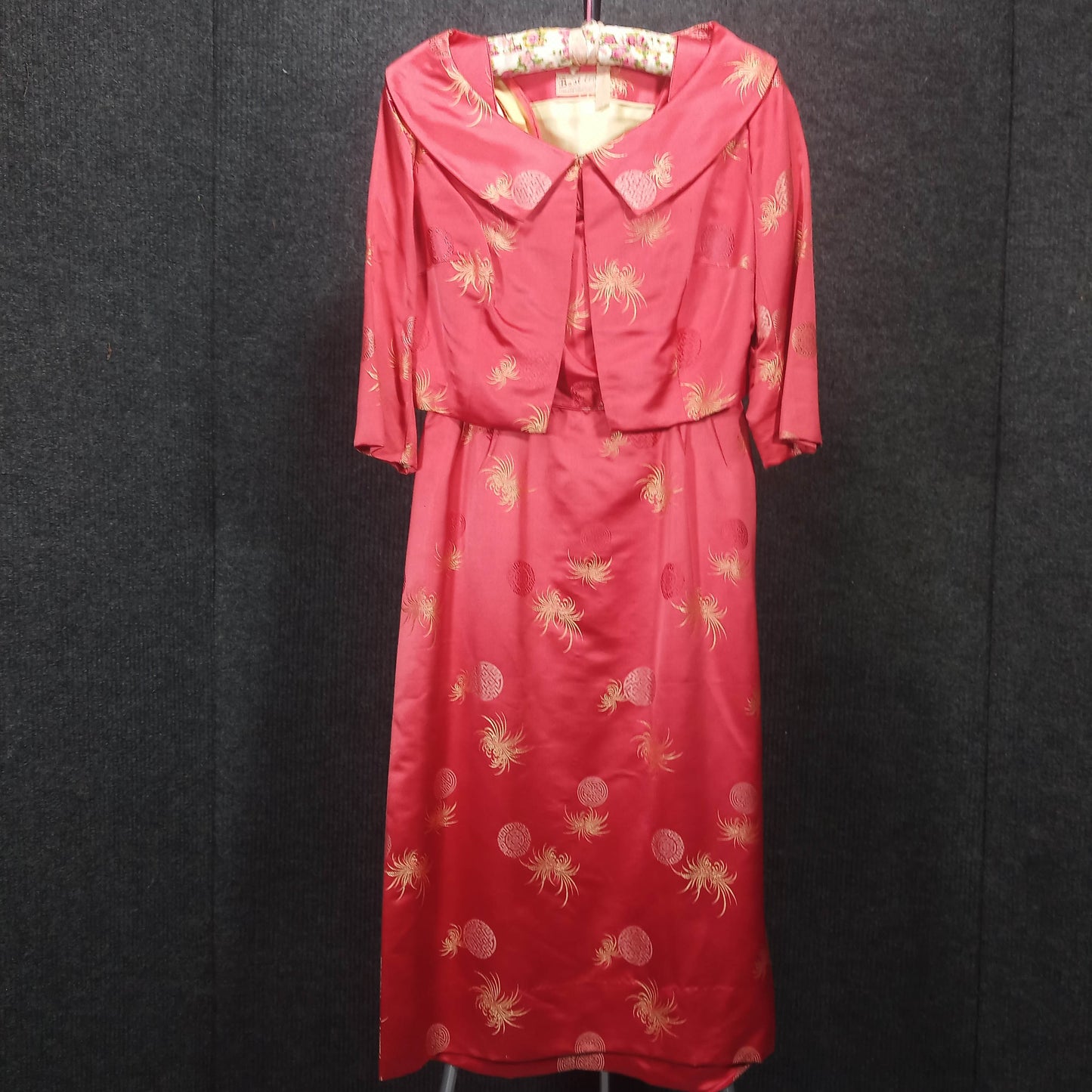 1950's Coral Silk Damask Wiggle Dress with Coat by Best Co