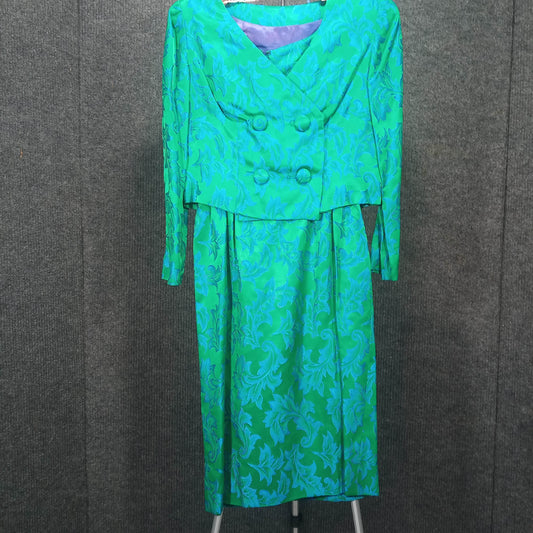 1950's Vintage Blue and Green Brocade Wiggle Dress with Matching Coat