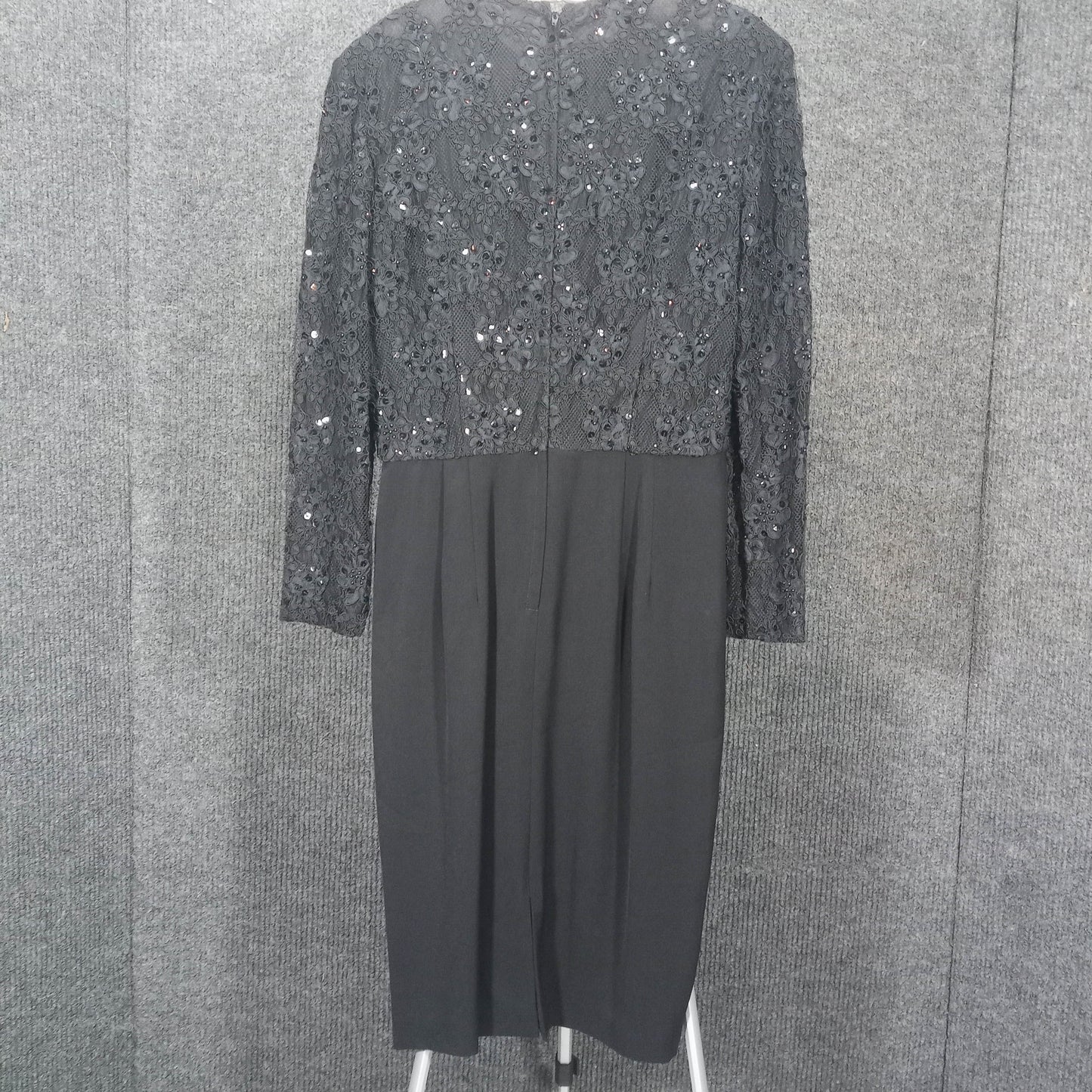 1950's Black Rayon Lace Beaded Long Sleeve Wiggle Dress