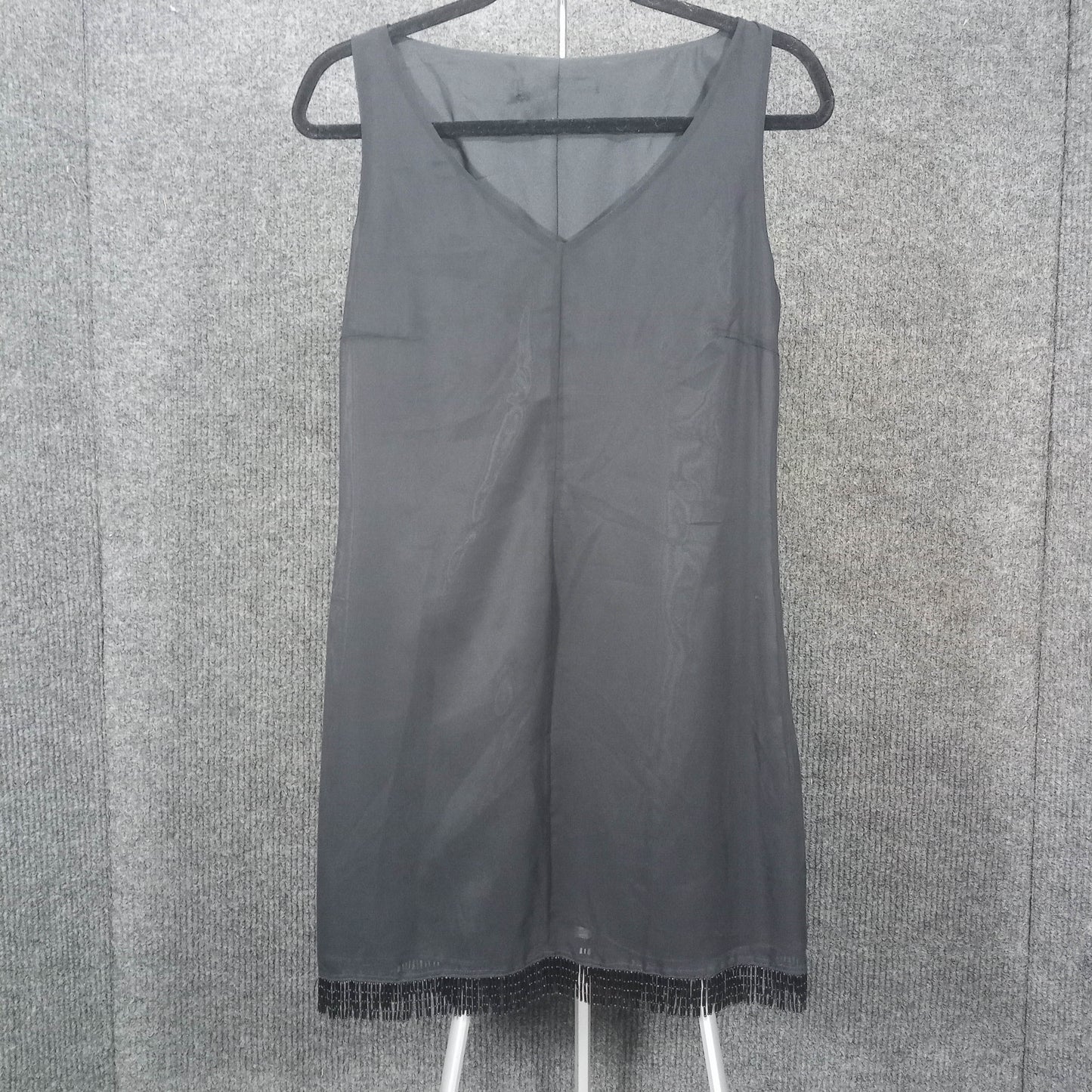 1960's Black Chiffon Shift with Black Bead Fringe Detail
