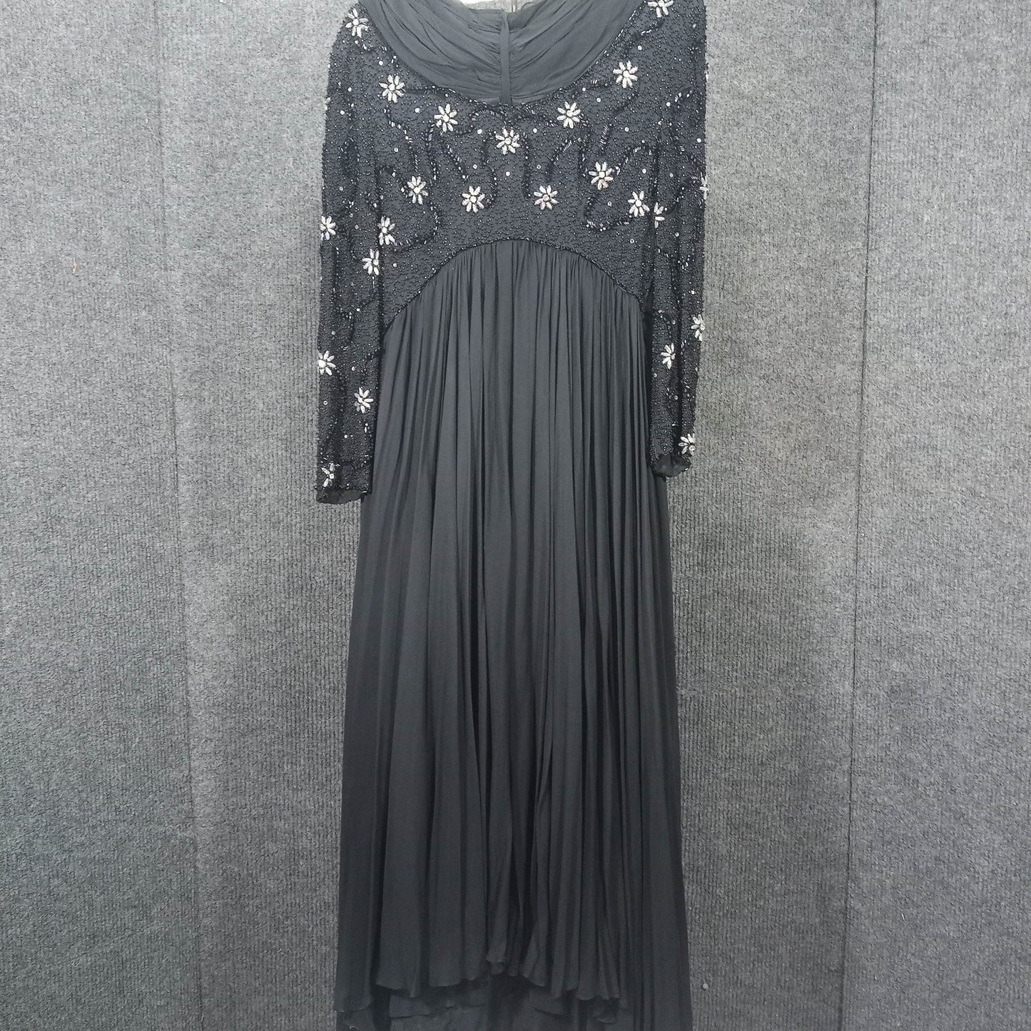 1950's Black Silk Chiffon Beaded Bodice Goddess Gown