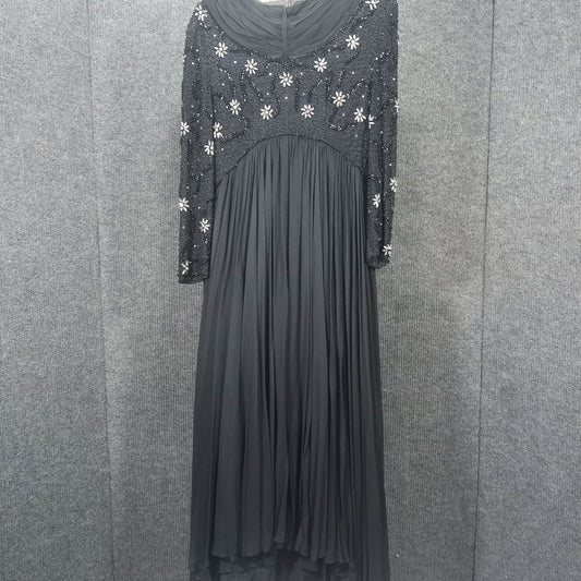 1950s Vintage Dress: Black Silk Chiffon Beaded Bodice Goddess Gown