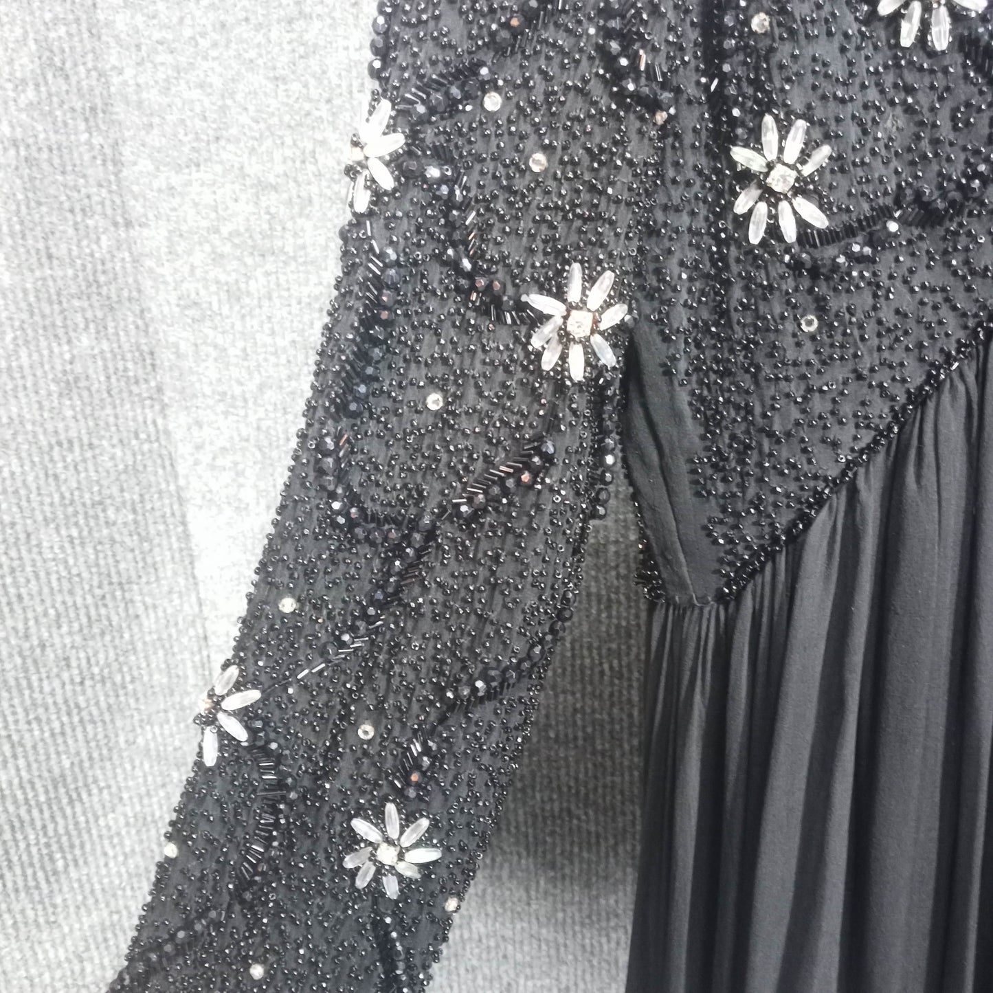 1950's Black Silk Chiffon Beaded Bodice Goddess Gown