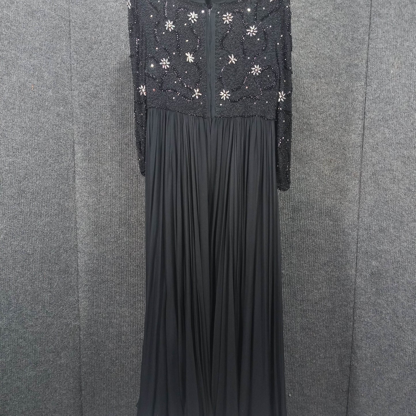 1950's Black Silk Chiffon Beaded Bodice Goddess Gown