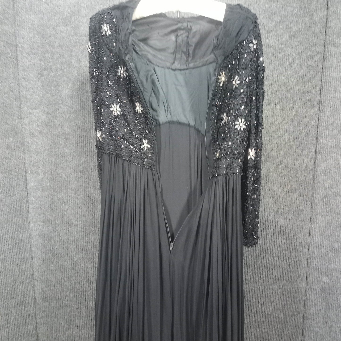 1950's Black Silk Chiffon Beaded Bodice Goddess Gown