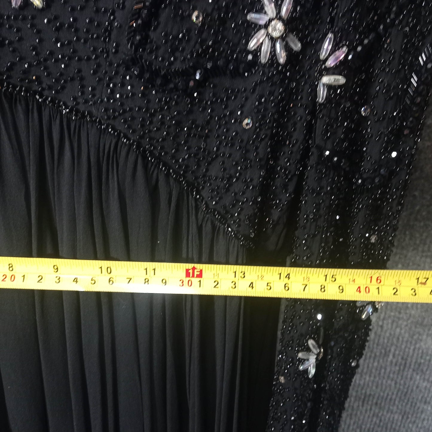 1950's Black Silk Chiffon Beaded Bodice Goddess Gown