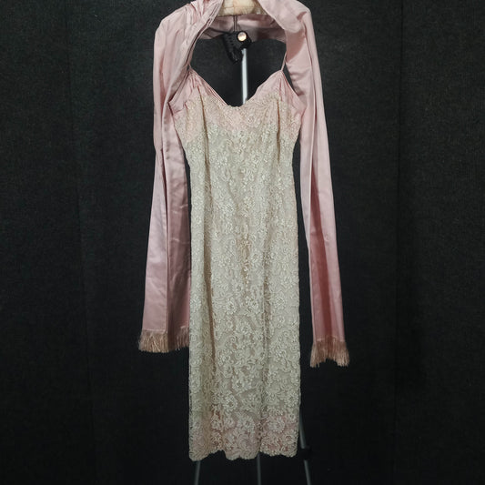 1950's Vintage Pink Slipper Silk Lace Wiggle Dress with Stole