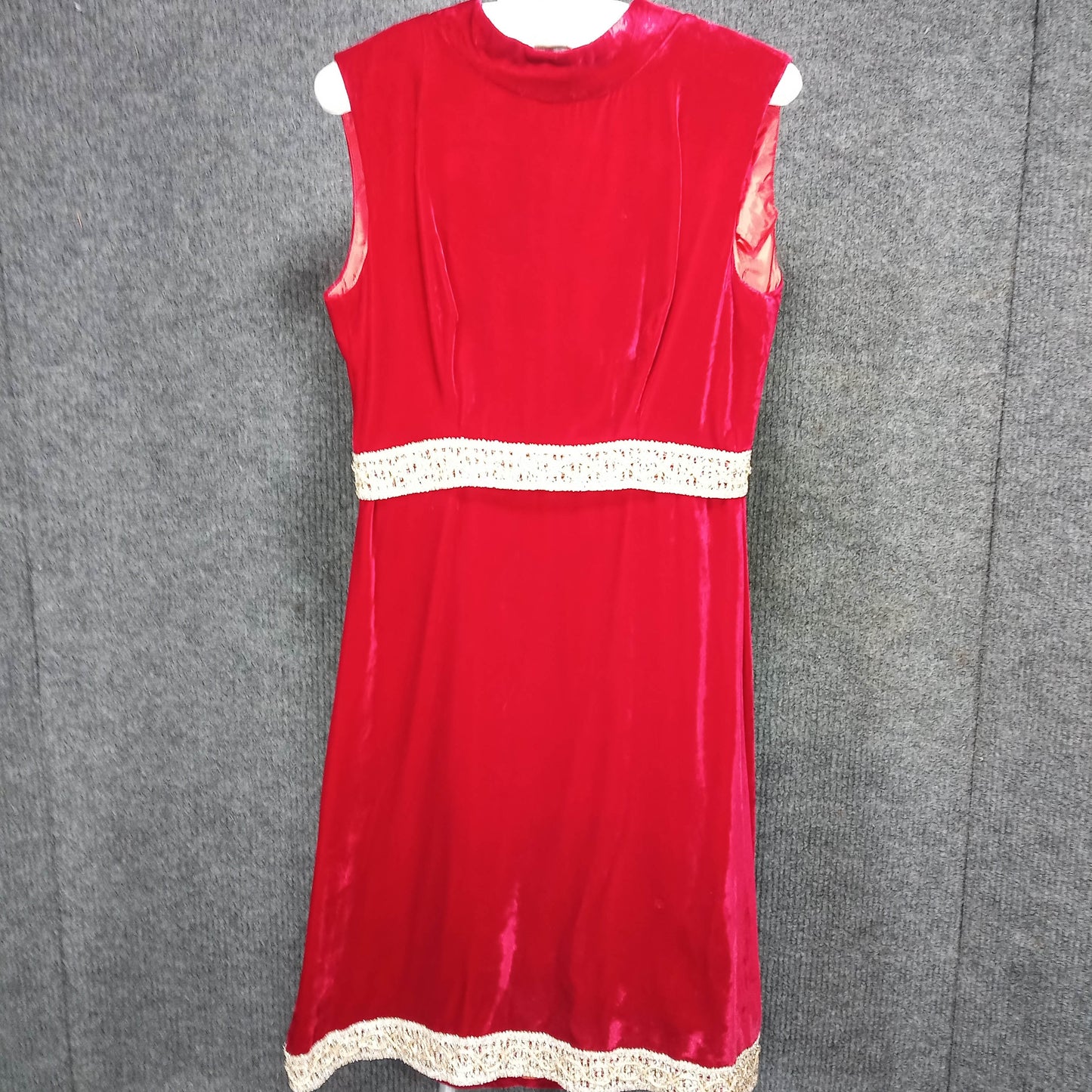 1950's Red Velvet Regal Dress with Gold Lame Braid Detail
