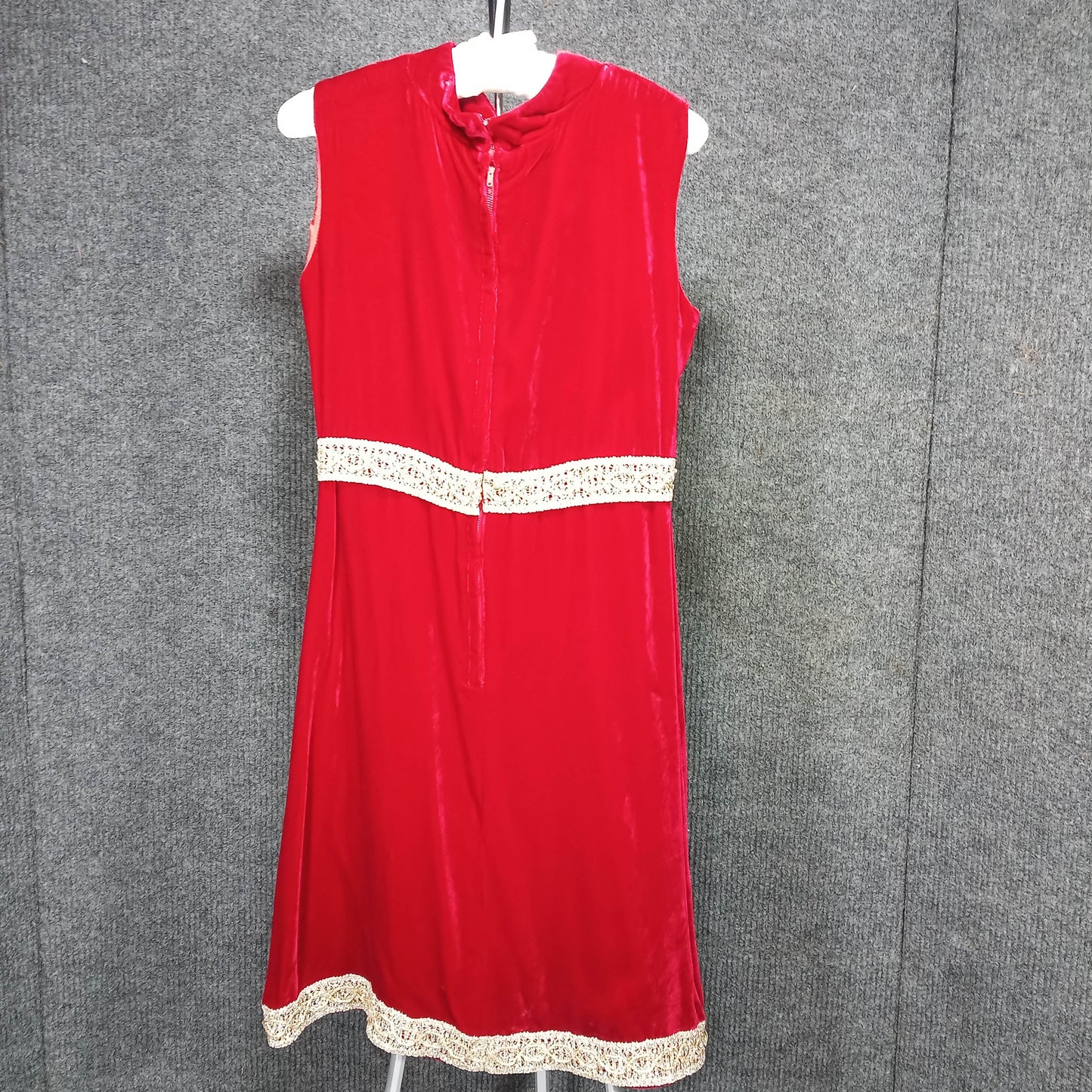 1950's Red Velvet Regal Dress with Gold Lame Braid Detail