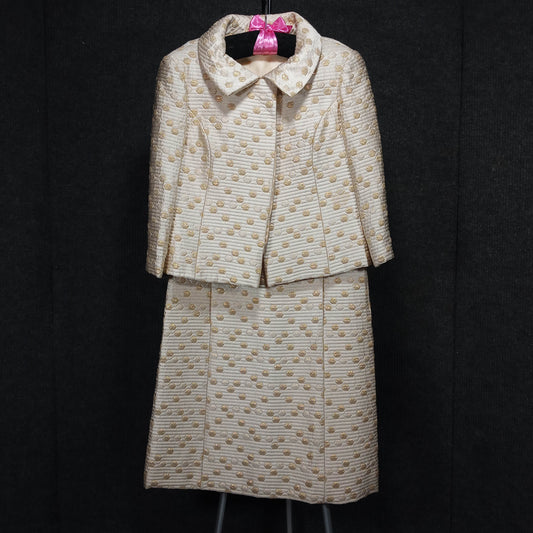 1960s Vintage Jackie O Dress in Cream Gold Quilted with Short Jacket