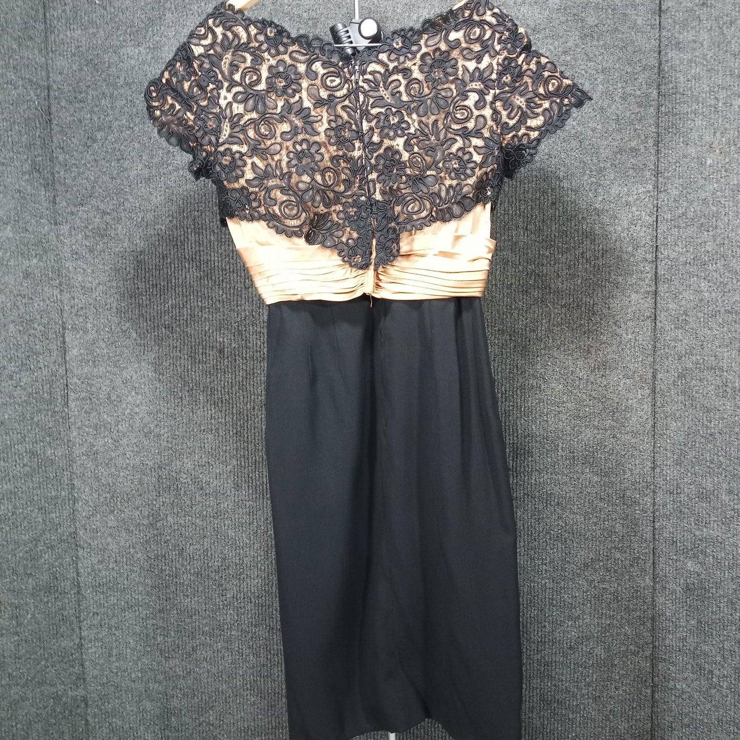 1950's Black Lace Over Bronze Satin Wiggle Dress by Harney