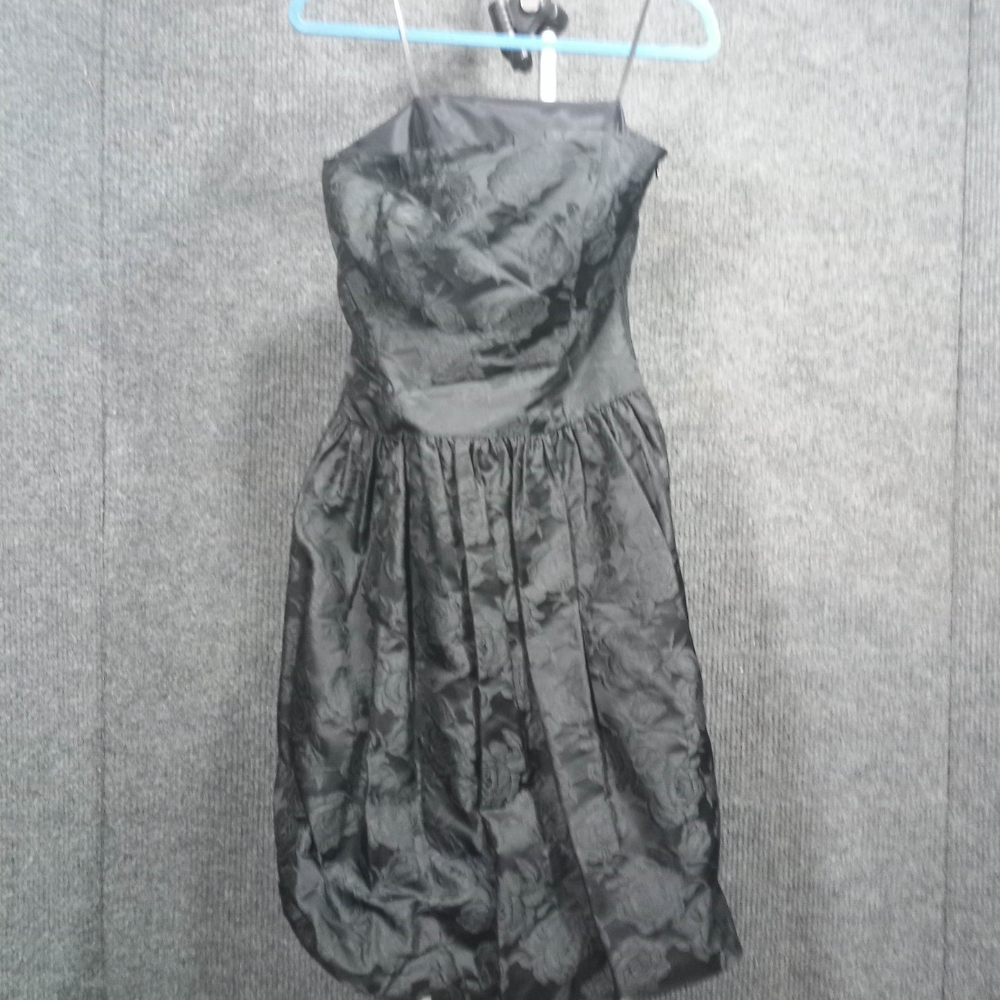 1980's Black Satin Rose Print Strapless Bubble Dress