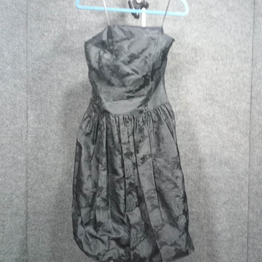 1980s Vintage Black Satin Rose Print Strapless Bubble Dress