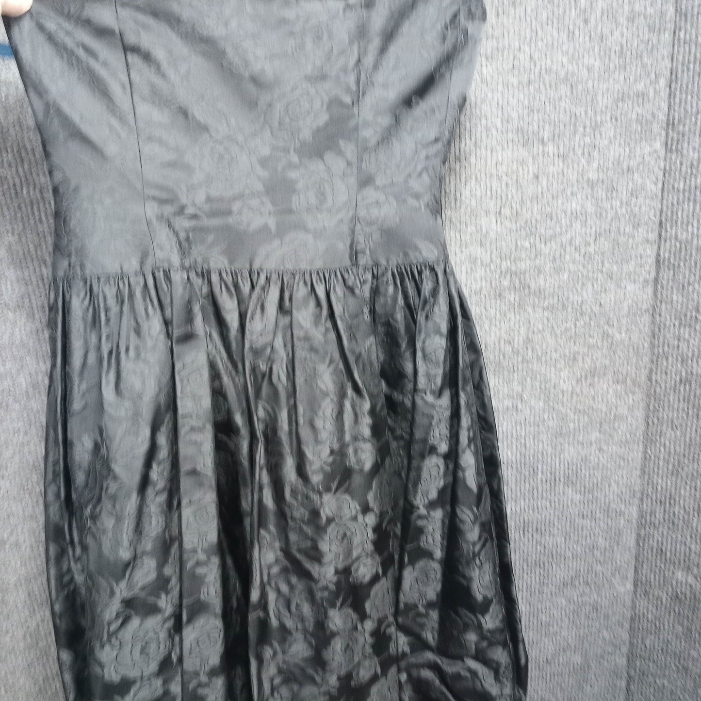 1980's Black Satin Rose Print Strapless Bubble Dress