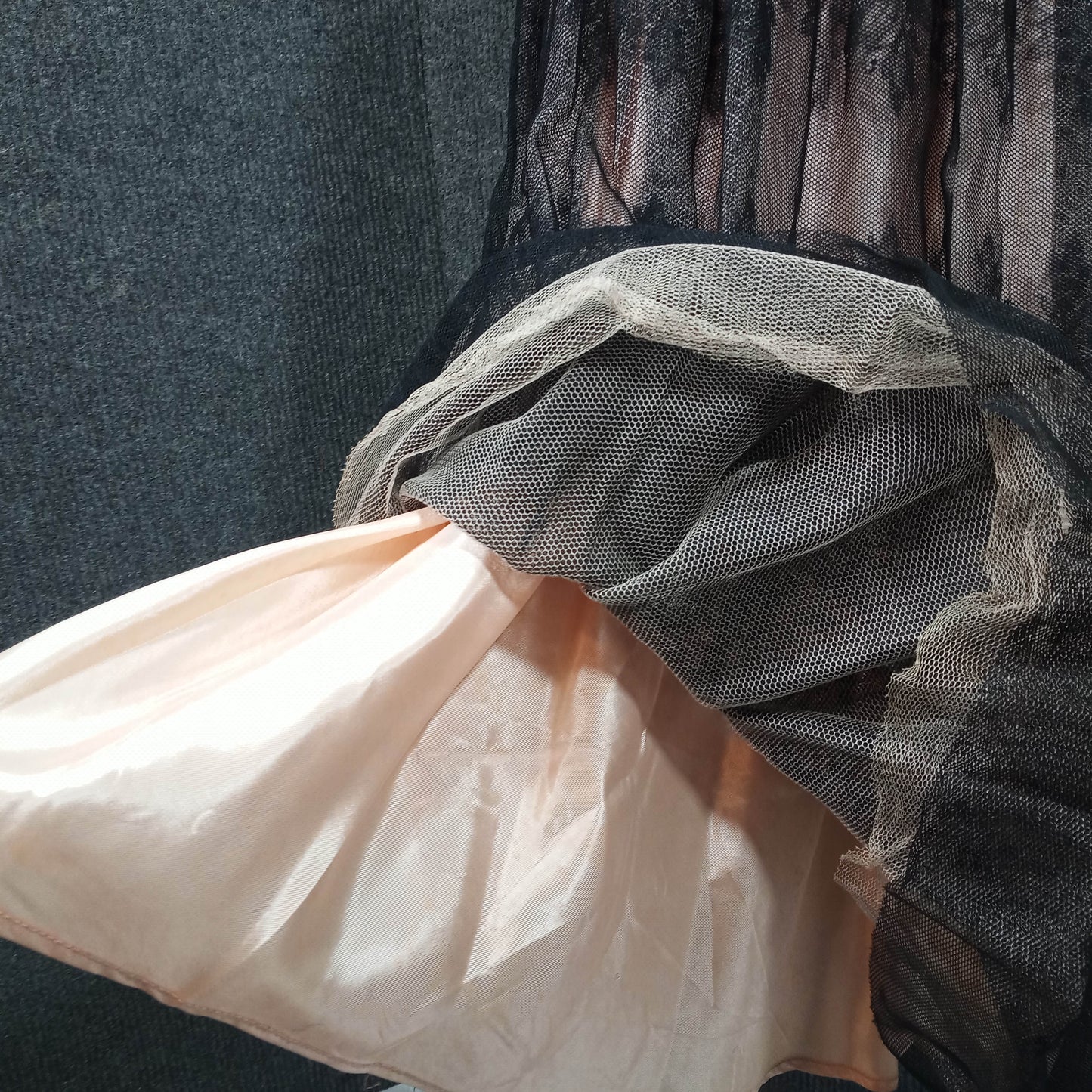 1950's Black Velvet Evening Gown with Black Lace Skirt Beige Lining