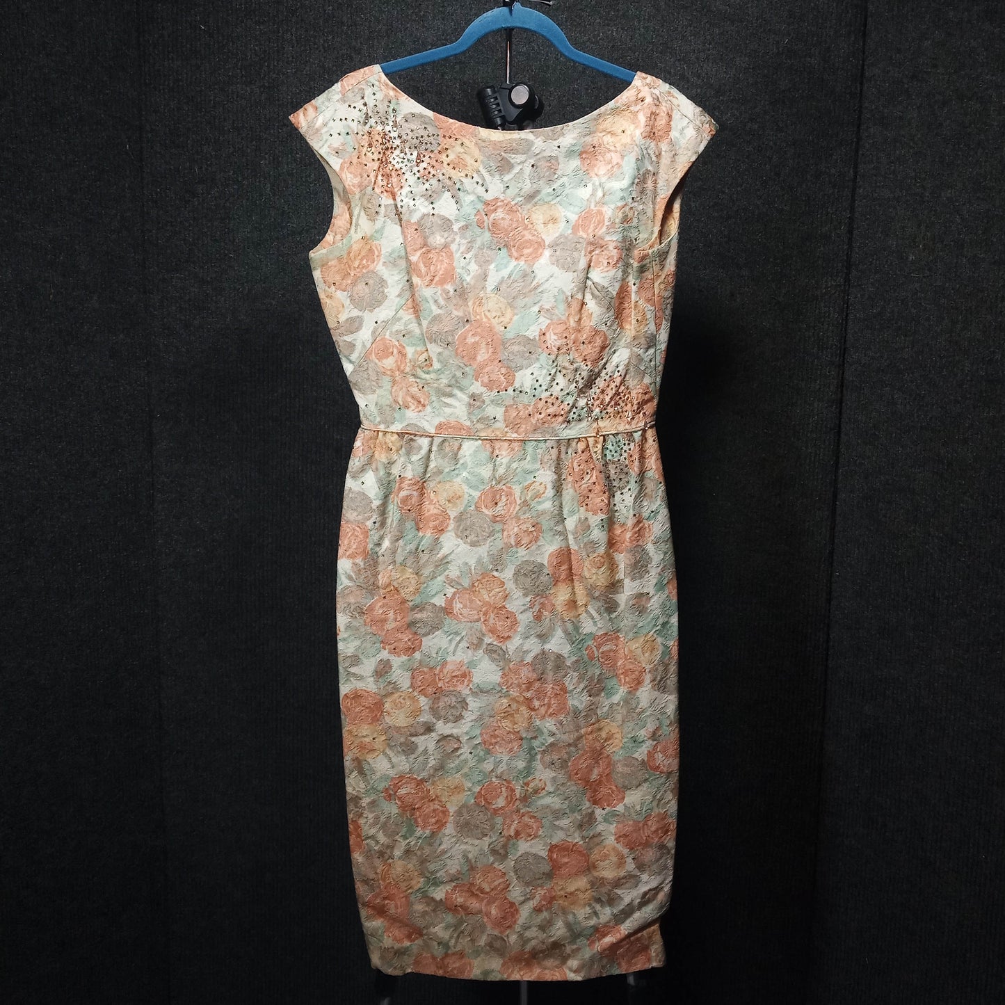 1950's Taupe Coral Tapestry Rhinestone Detail Sheath