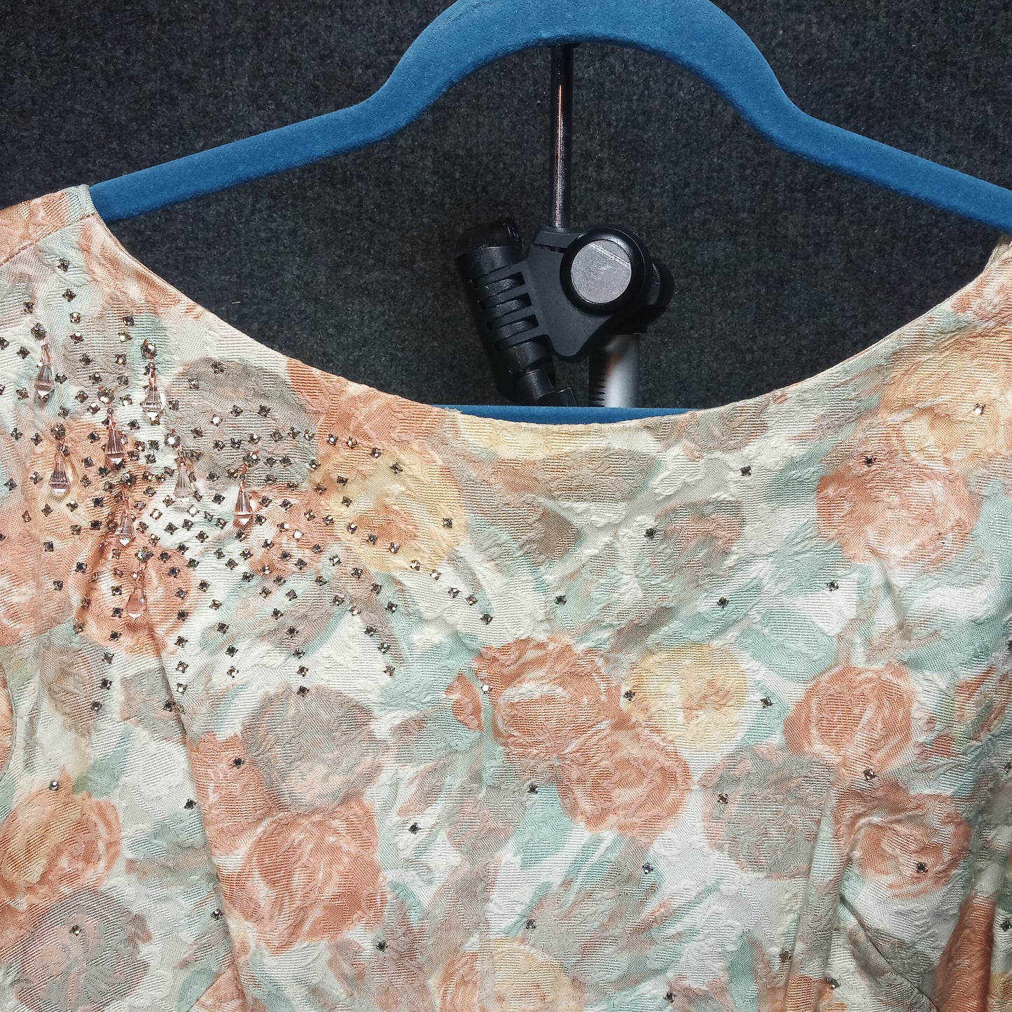 1950's Taupe Coral Tapestry Rhinestone Detail Sheath