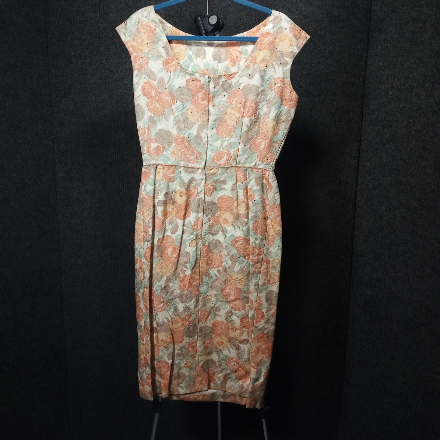 1950's Taupe Coral Tapestry Rhinestone Detail Sheath