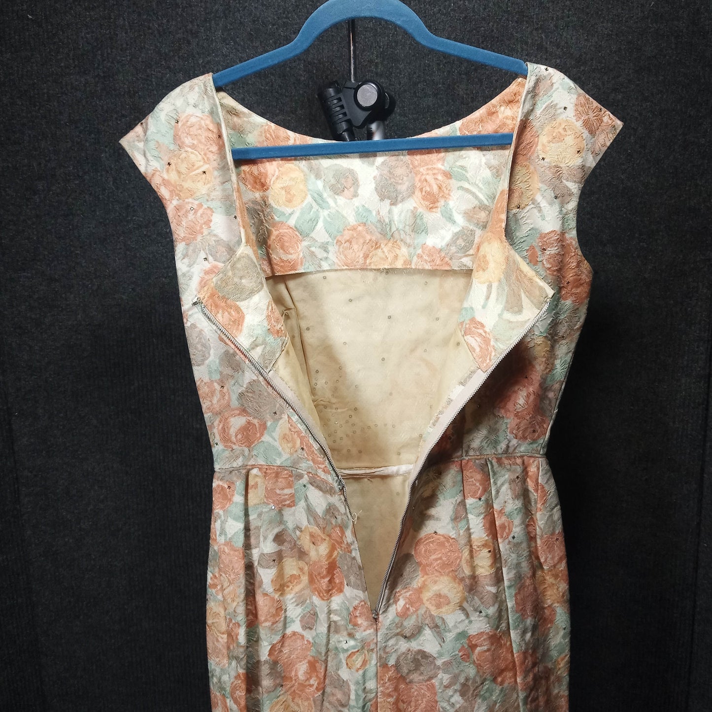 1950's Taupe Coral Tapestry Rhinestone Detail Sheath