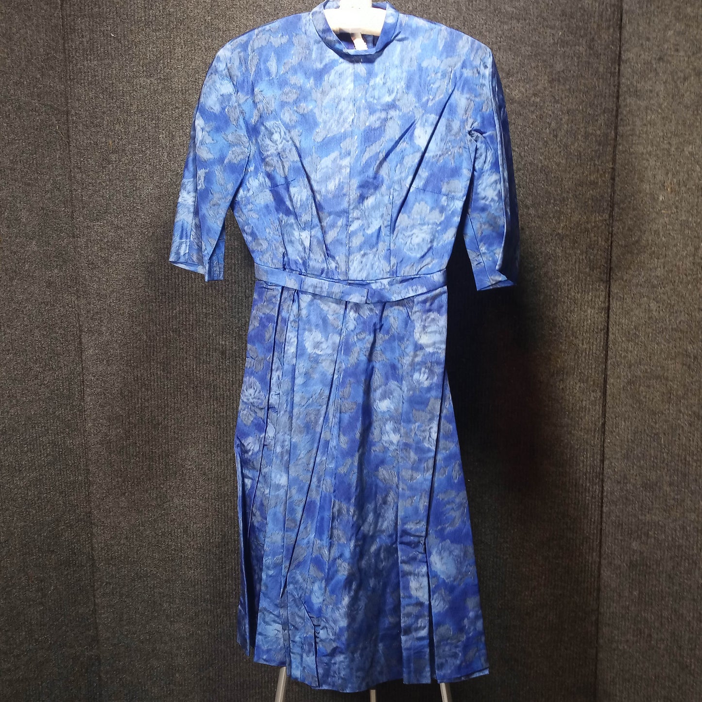 1950's Cobalt Blue Watercolor Rose Taffeta Circle Dress with Belt