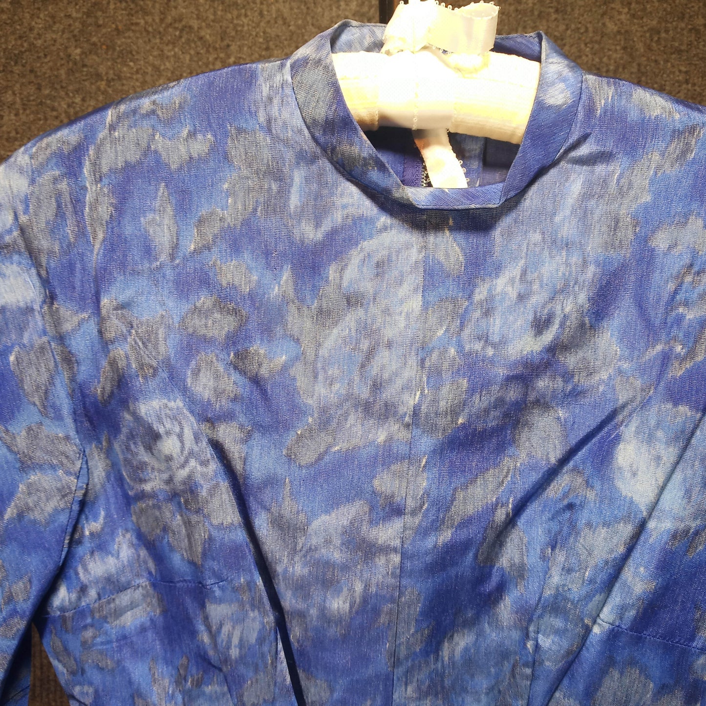 1950's Cobalt Blue Watercolor Rose Taffeta Circle Dress with Belt