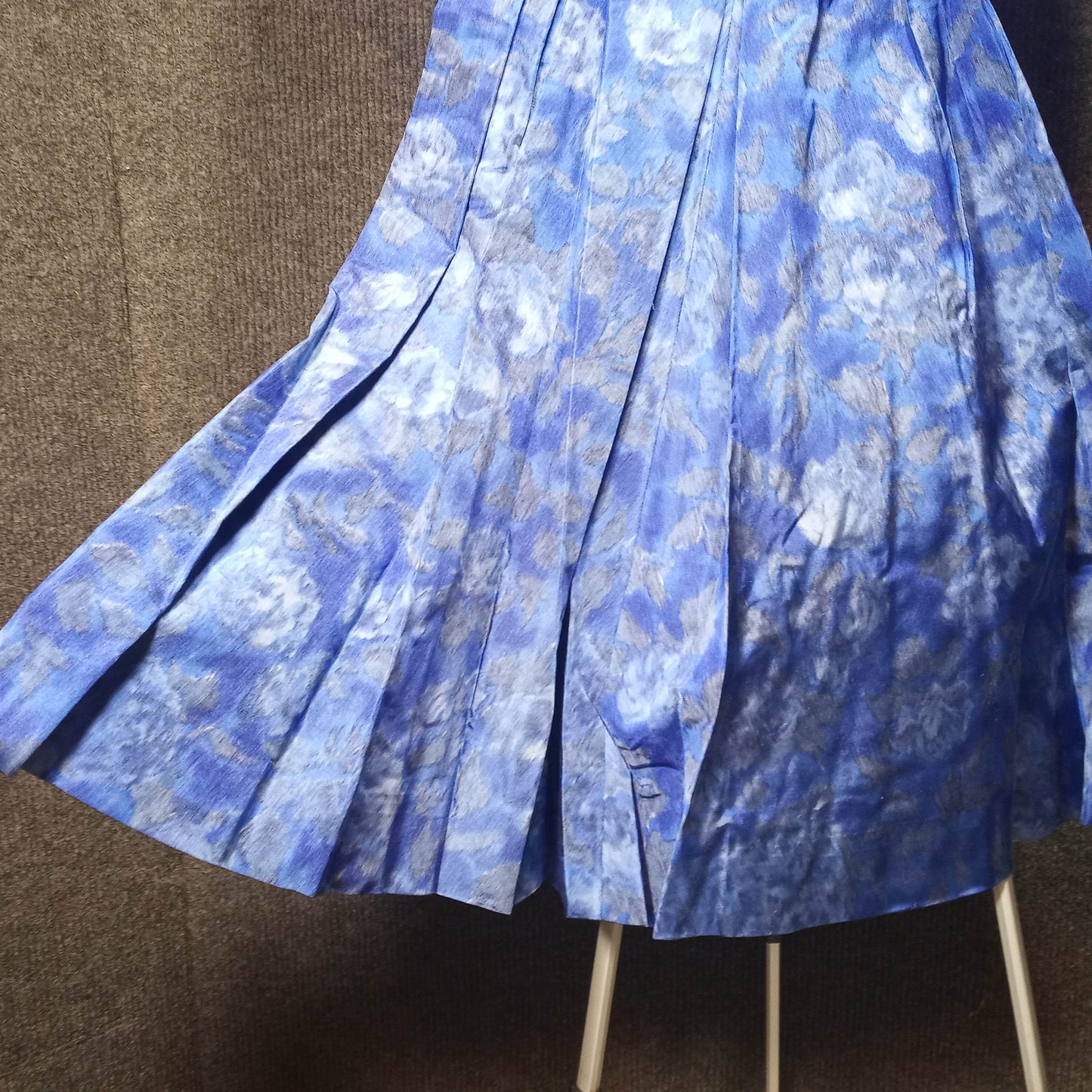 1950's Cobalt Blue Watercolor Rose Taffeta Circle Dress with Belt